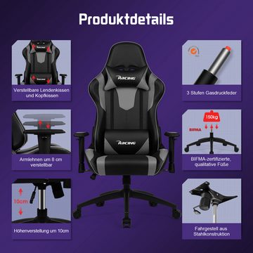 Authmic Gaming-Stuhl Gaming Stuhl,Bürostuhl Ergonomisch mit verstellbare Lendenkissen, Wippfunktion bis zu 170°, PC Gamer Racing Stuhl bis 150kg