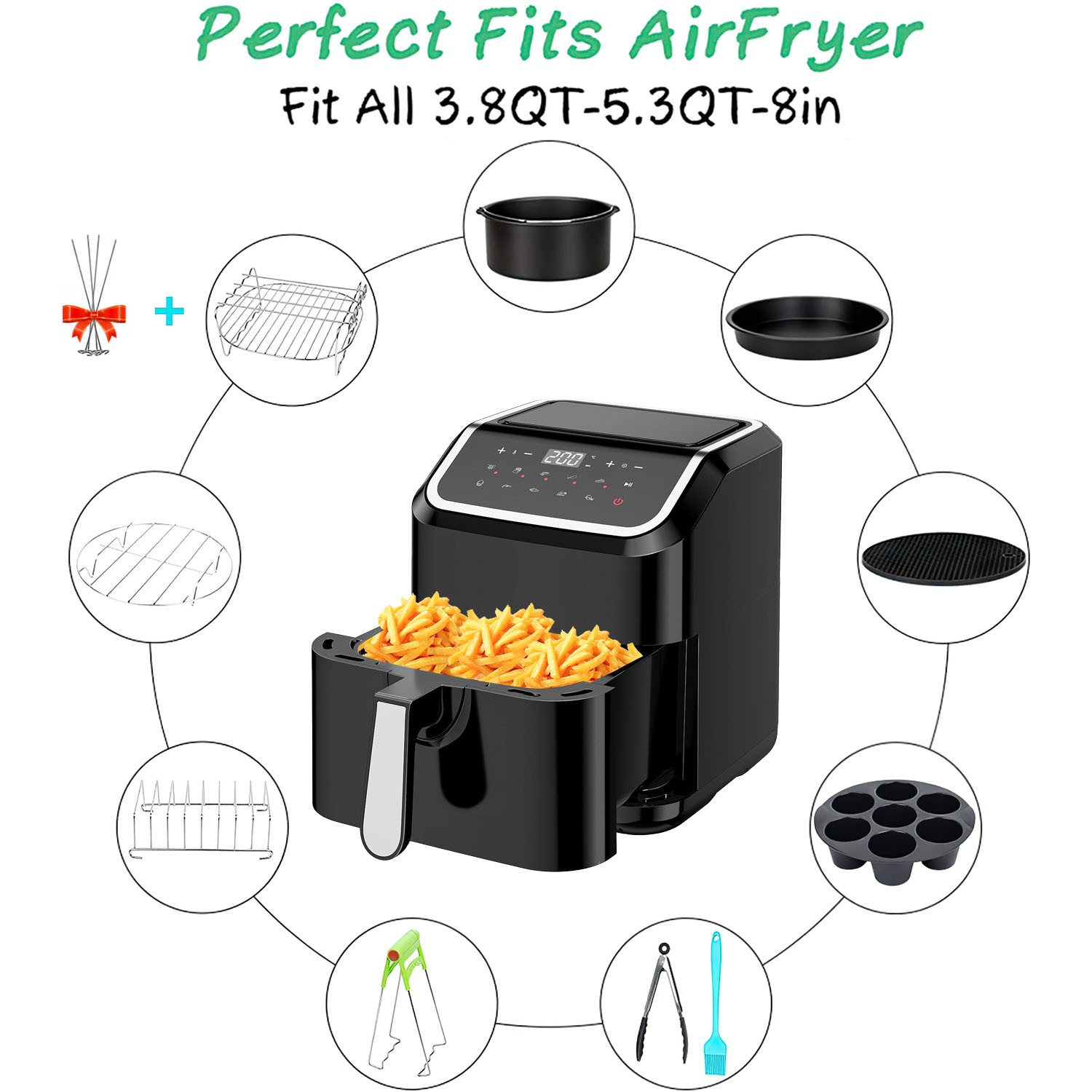 SURFOU Backform Heißluftfritteuse Zubehör 8 Zoll 11-Teilige für Airfryer 3.5L- 5.5L, für Philips Airfryer 7,2L, 8,3L, COSORI 5,5L, Tefal 6,5L, Cecotec 6L