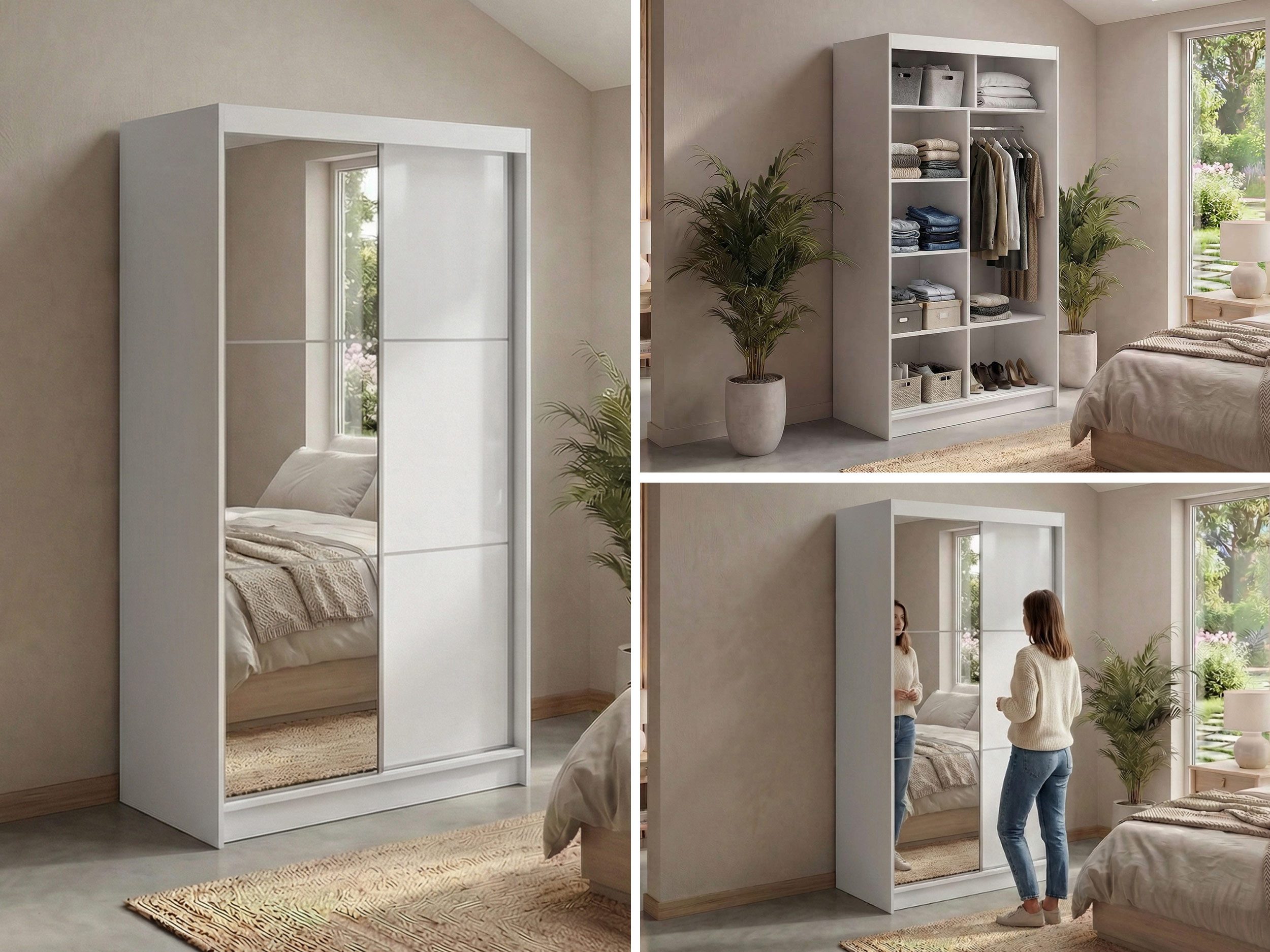 MKS MÖBEL Schiebetürenschrank WALENCJA 120 (Kleiderschrank mit Spiegel und Lacobel, mit Schiebetüren) Kleiderschrank mit Stauraum, 216 cm hoch, 61 cm tiefe