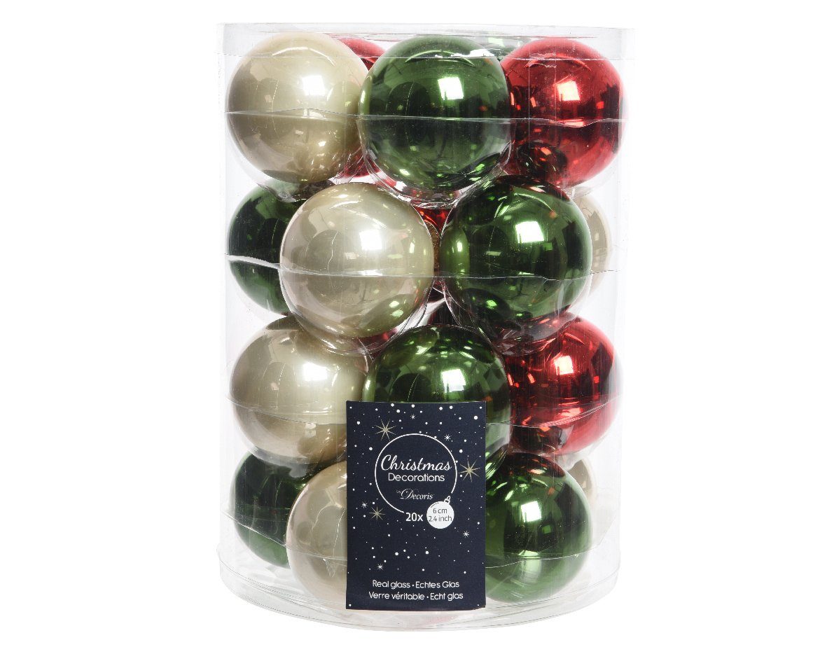 Decoris season decorations Weihnachtsbaumkugel, Weihnachtskugeln Glas 6cm x 20 Stück - Rot / Piniengrün / Perle Mix