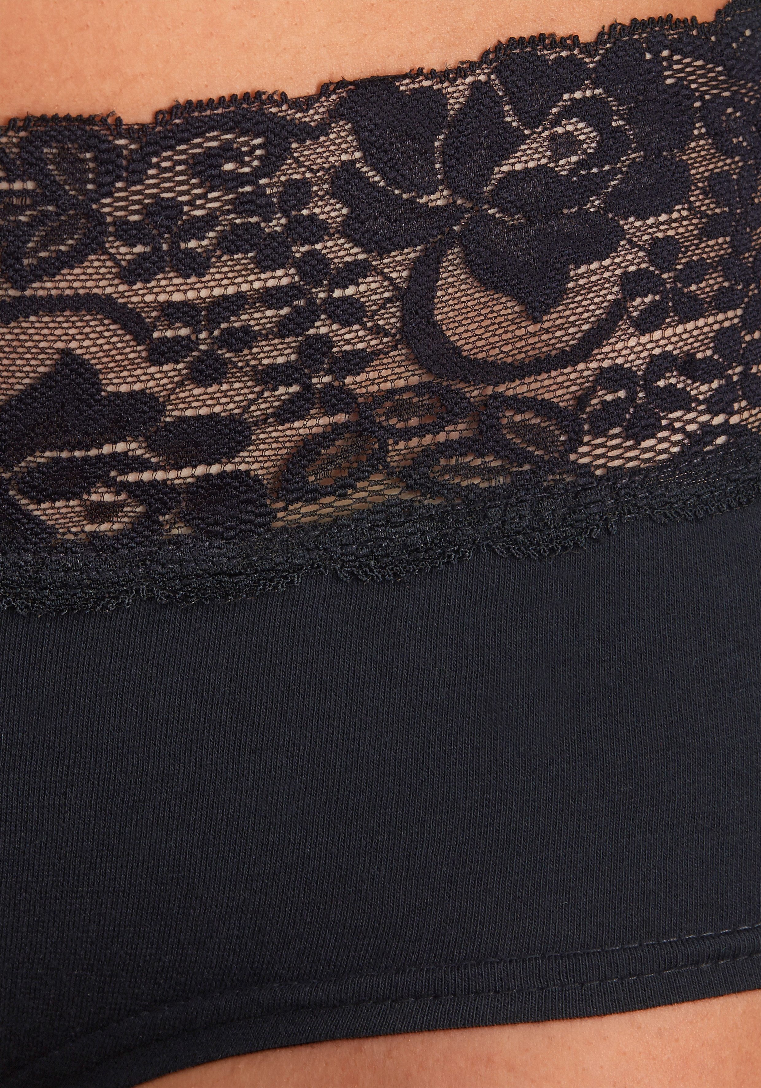 Vivance Panty (Packung, 3-St) schwarz aus Spitze mit elastischer floraler Baumwolle