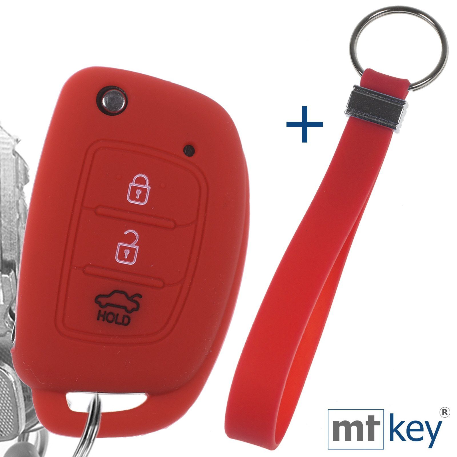 Tucson mit Wabe Knopf Rot im 3 Klappschlüssel mt-key Schlüsselband, i20 Design für i40 Hyundai ix25 Accent Schlüsseltasche Silikon Schutzhülle i10 ix35 Autoschlüssel