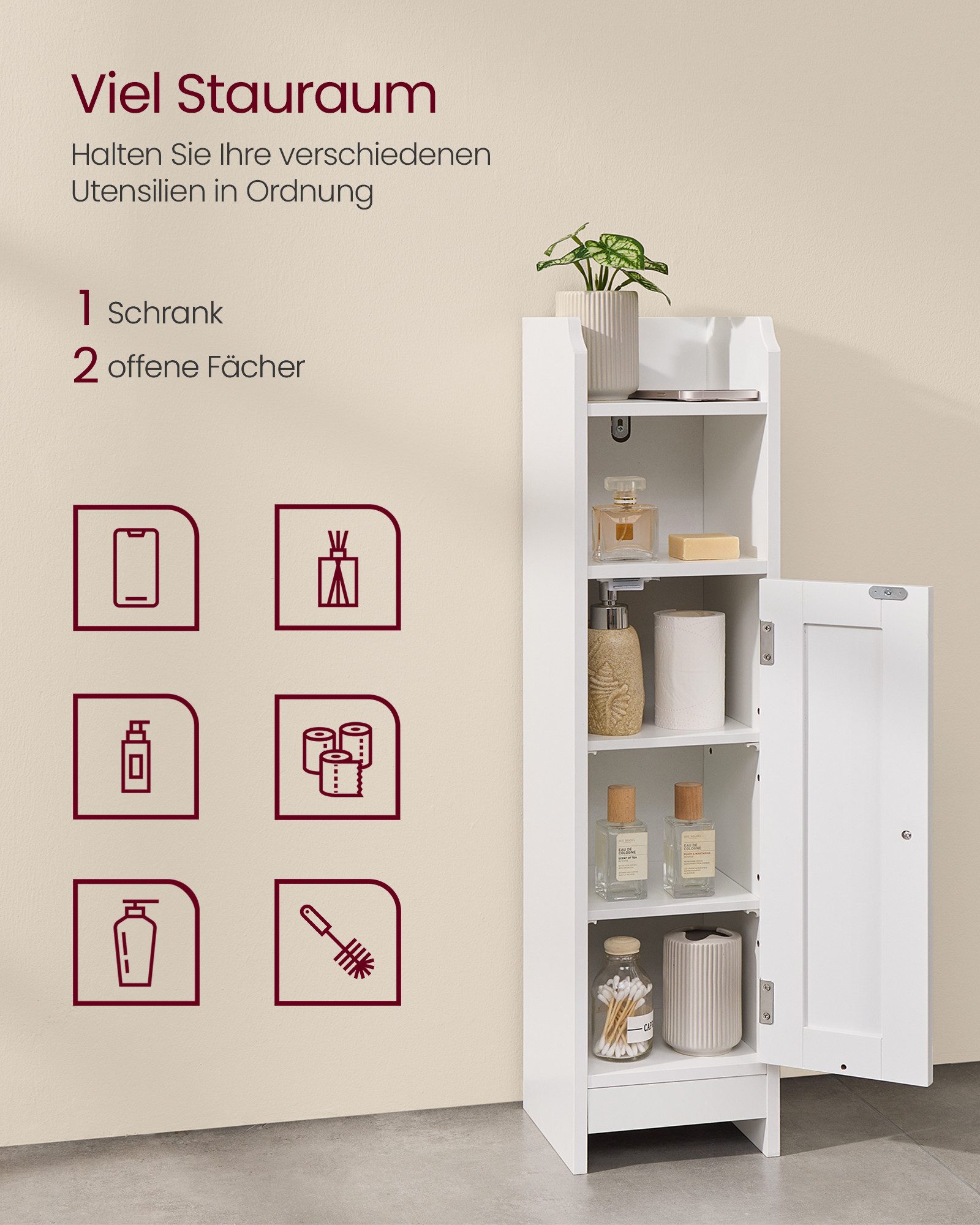 VASAGLE Badkommode Badezimmerschrank Badschrank schmal, stehend, verstellbare Ablagen,20 x 18 x 80 cm,klein,stehend,mit Tür und Regal – Bild 4 von 5