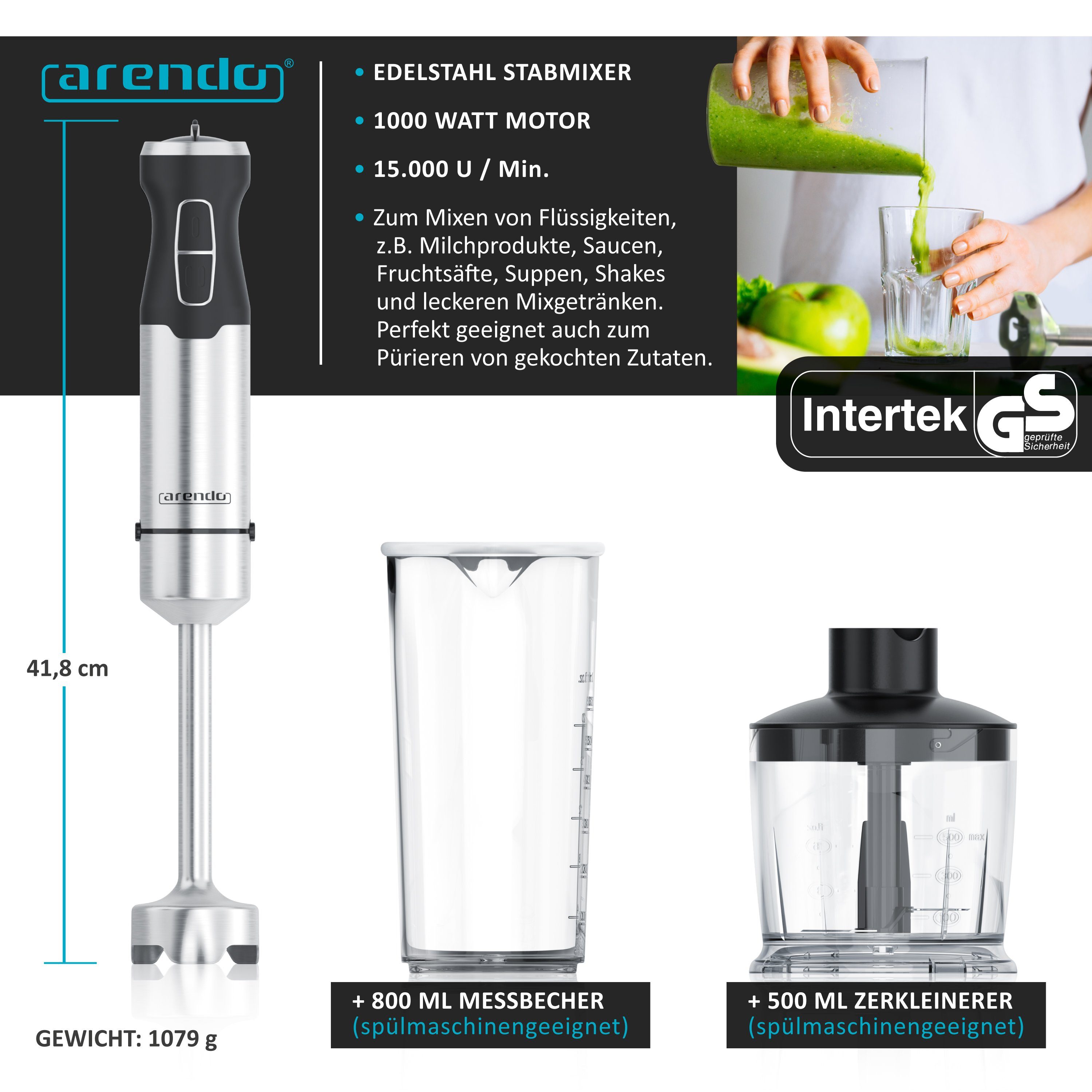 Arendo Stabmixer Edelstahl Pürierstab Set mit Zerkleinerer und Messbecher, Handmixer, 1000 W, 2 Geschwindigkeitsstufen, 4-Klingen, einfache Reinigung, DC Motor
