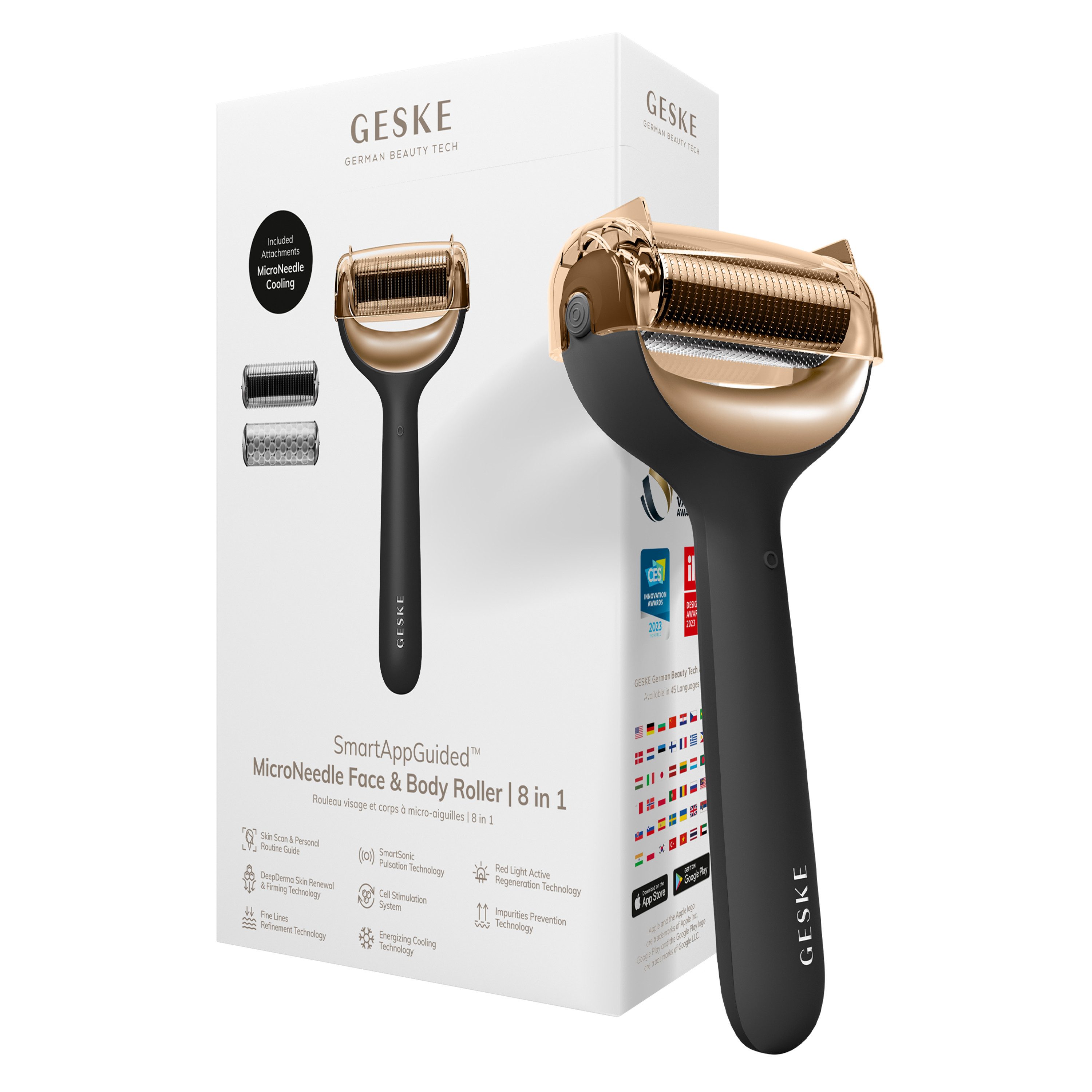 GESKE German Beauty Tech Micro-Needling SmartAppGuided™ MicroNeedle Face & Body Roller 8 in 1, Packung (Gerät & USB-Ladekabel), 4-tlg., Gerät inkl. kostenloser APP (SmartAppGuided Device), Mit der GESKE App erhältst Du deine personalisierte Hautpflegeroutine.