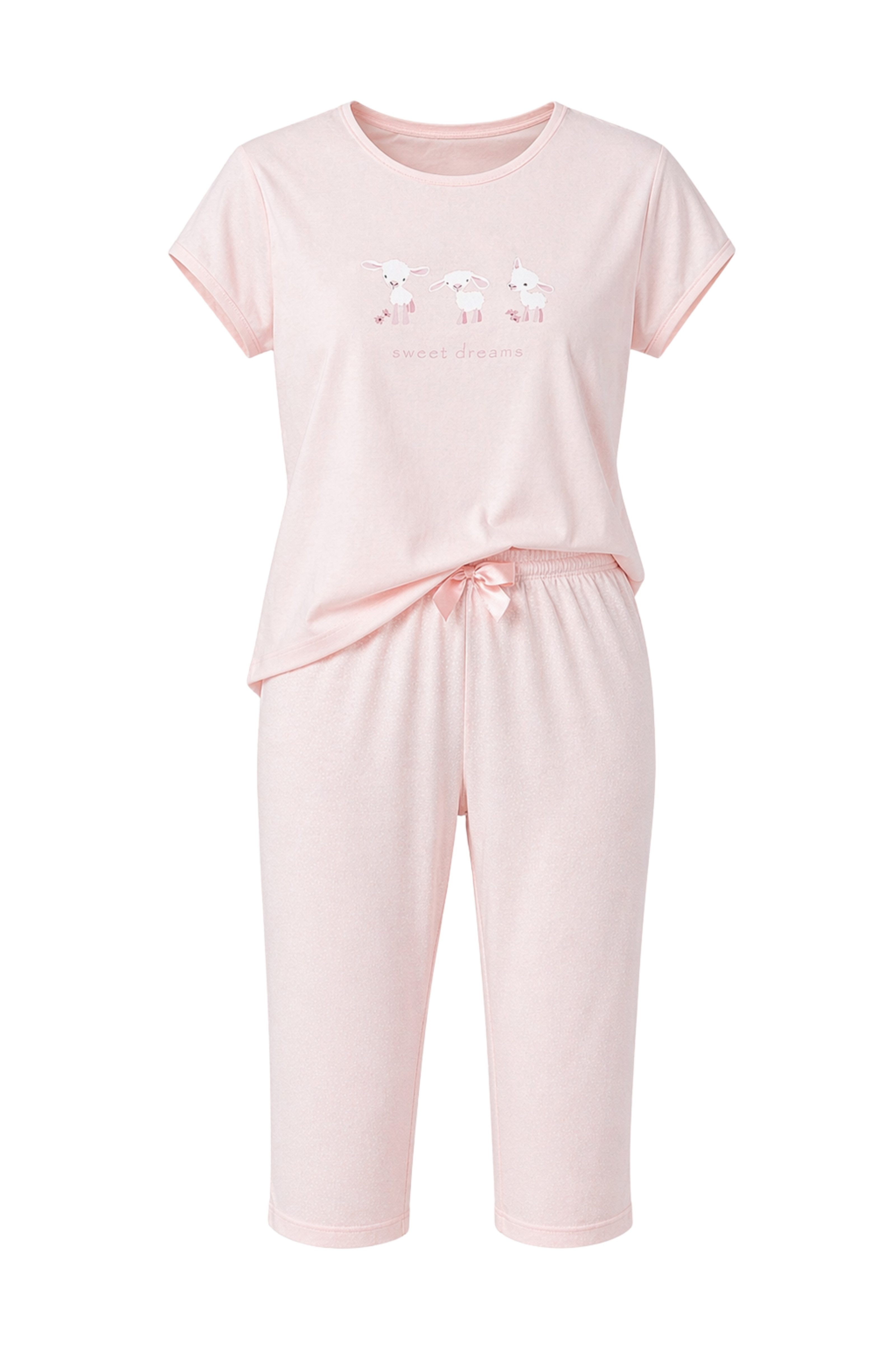 COOLISMO NIGHTWEAR Capri-Pyjama Sommer Pyjama 100% Baumwolle (2 tlg) weicher 3/4 Schlafanzug in Apricot mit Schäfchen-Print und Flügelarm