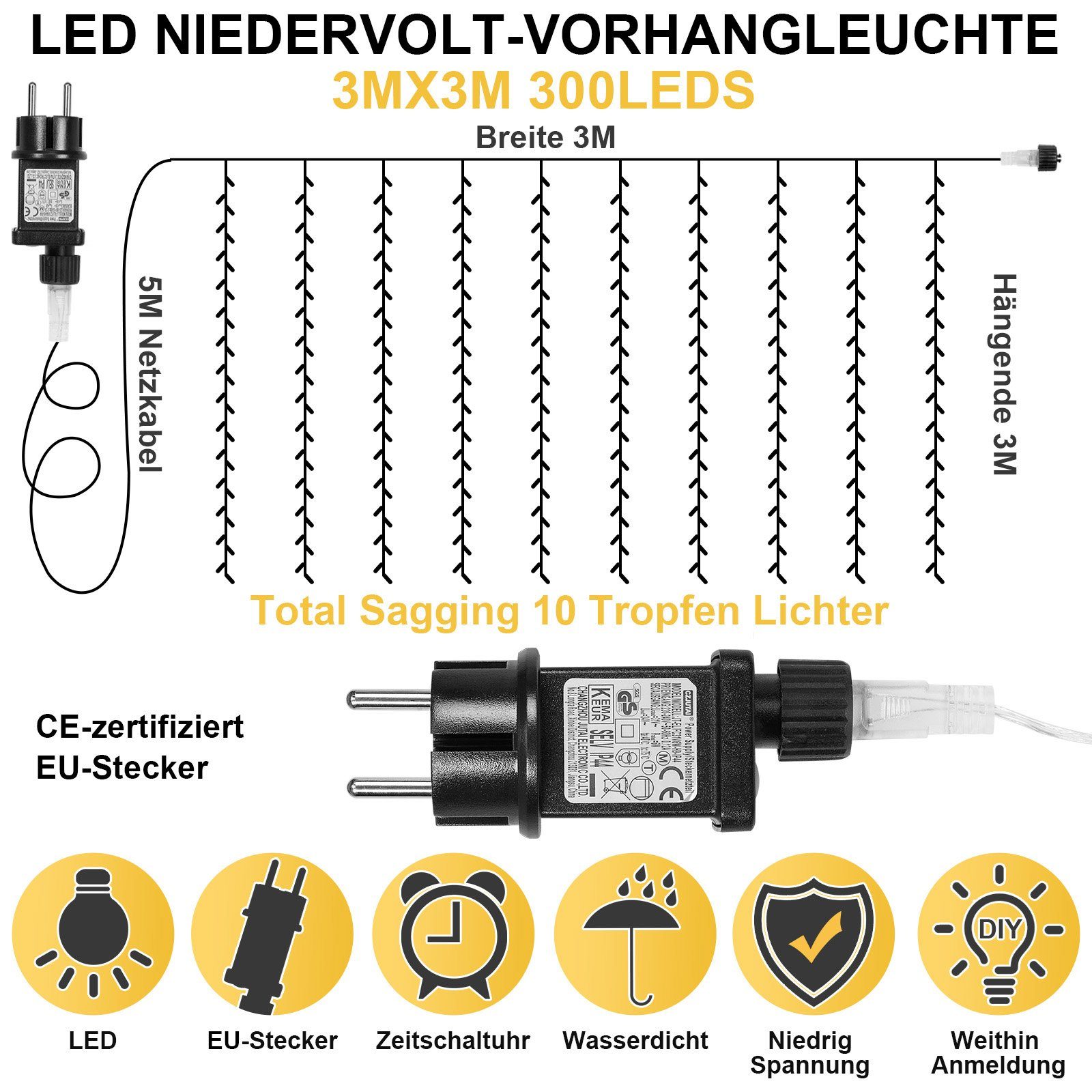 Rosnek LED-Lichtervorhang 300 LED Lichternetz Lichtervorhang günstig online kaufen