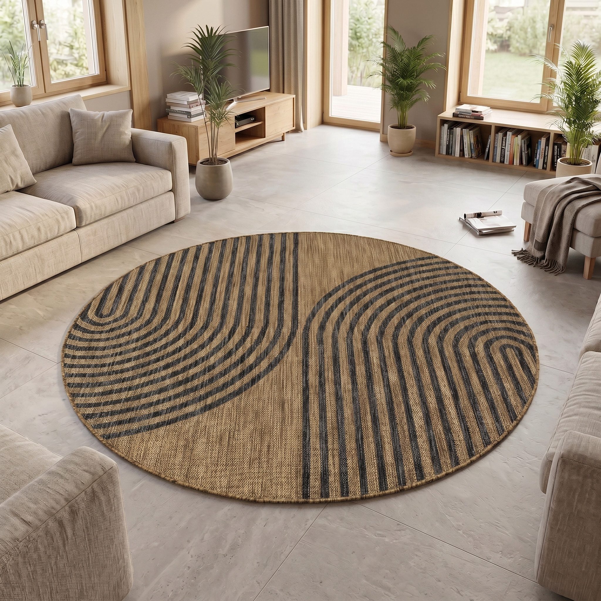 Teppium Teppich Geometrisch, Rund, Höhe: 3 mm, Teppich Wetterfest Waschbar Balkon, Garten, Terrasse und Küchenteppich