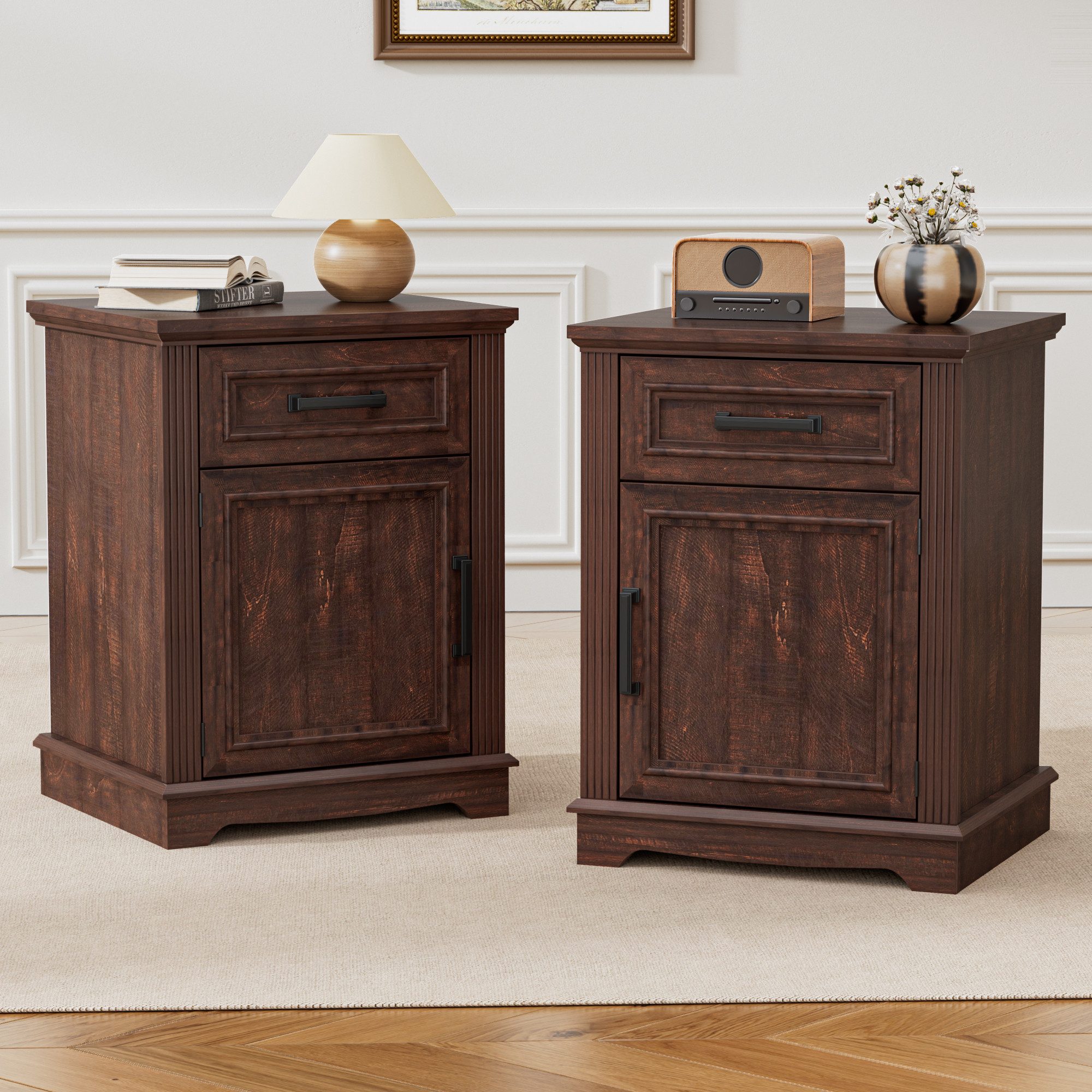 FiveWillowise Nachttisch 2er Set, mit Schublade und Magnetisch geschlossene Tür (2-St), Moderner Bauernhaus-Nachttische für Schlaf-/Lese-/Wohnzimmer