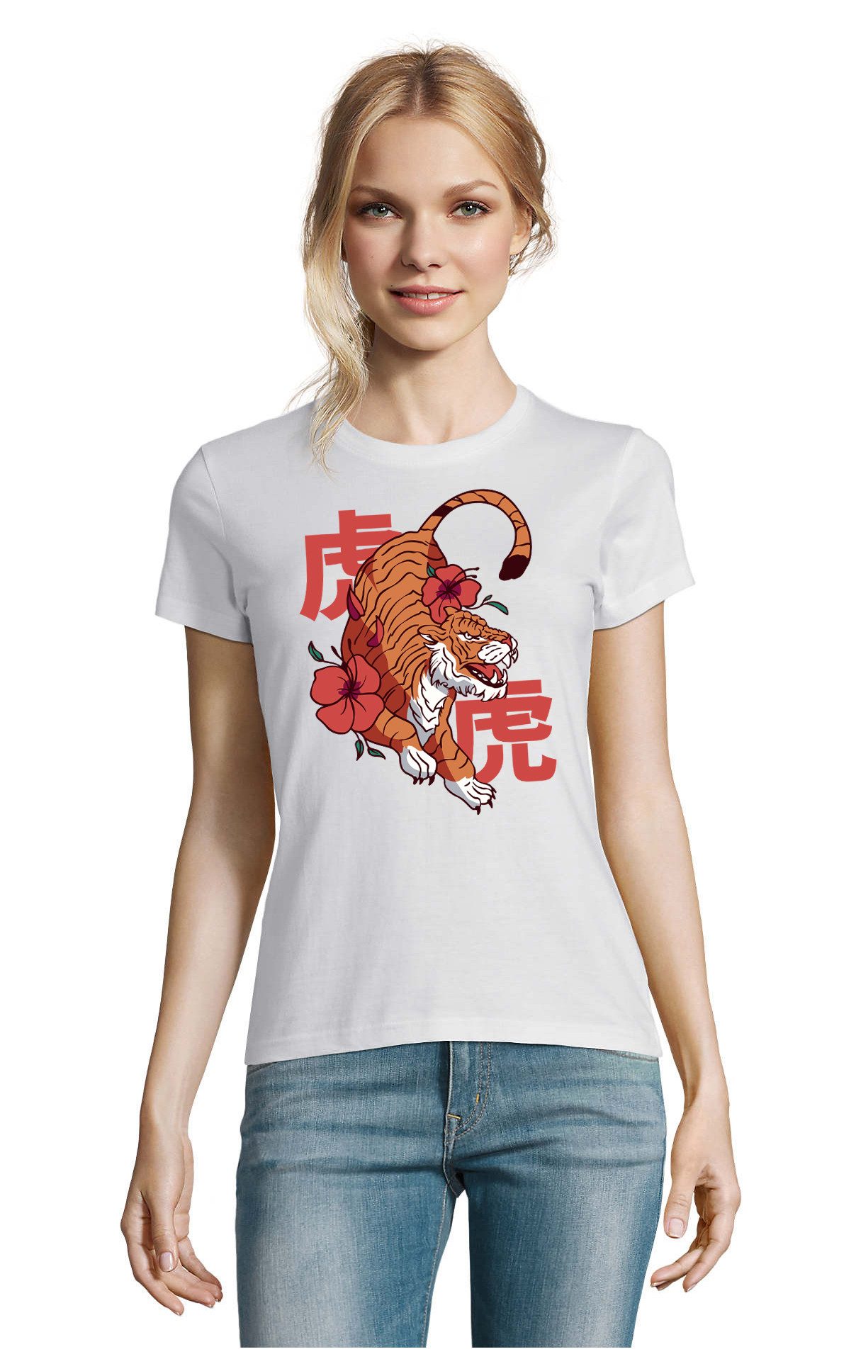 T-Shirt Japan Blumen Tiger Floral Natur Fun Damen Shirt Motiv