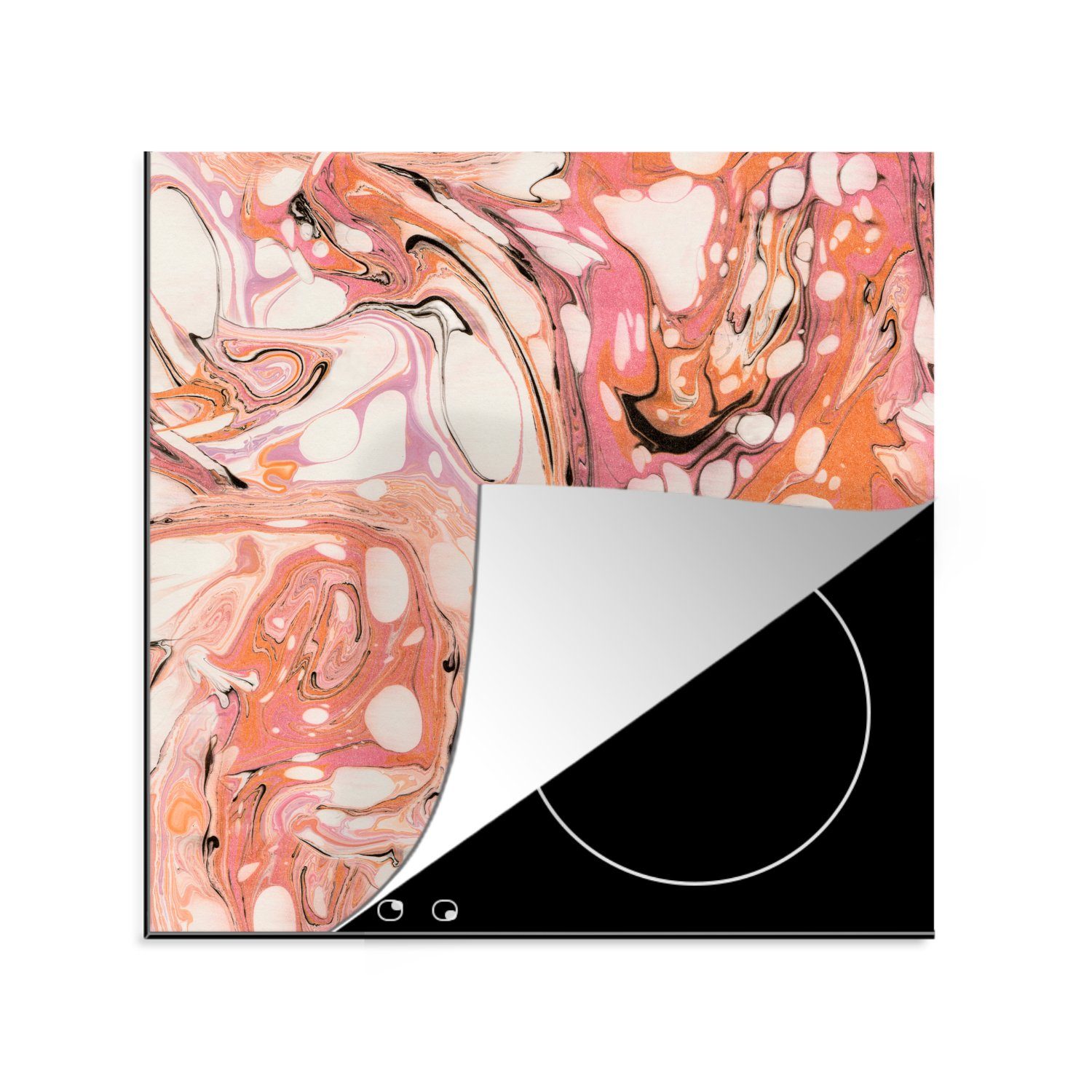 MuchoWow Herdblende-/Abdeckplatte Marmor - Orange - Weiß, Vinyl, (1 tlg), 78x78 cm, Ceranfeldabdeckung, Arbeitsplatte für küche