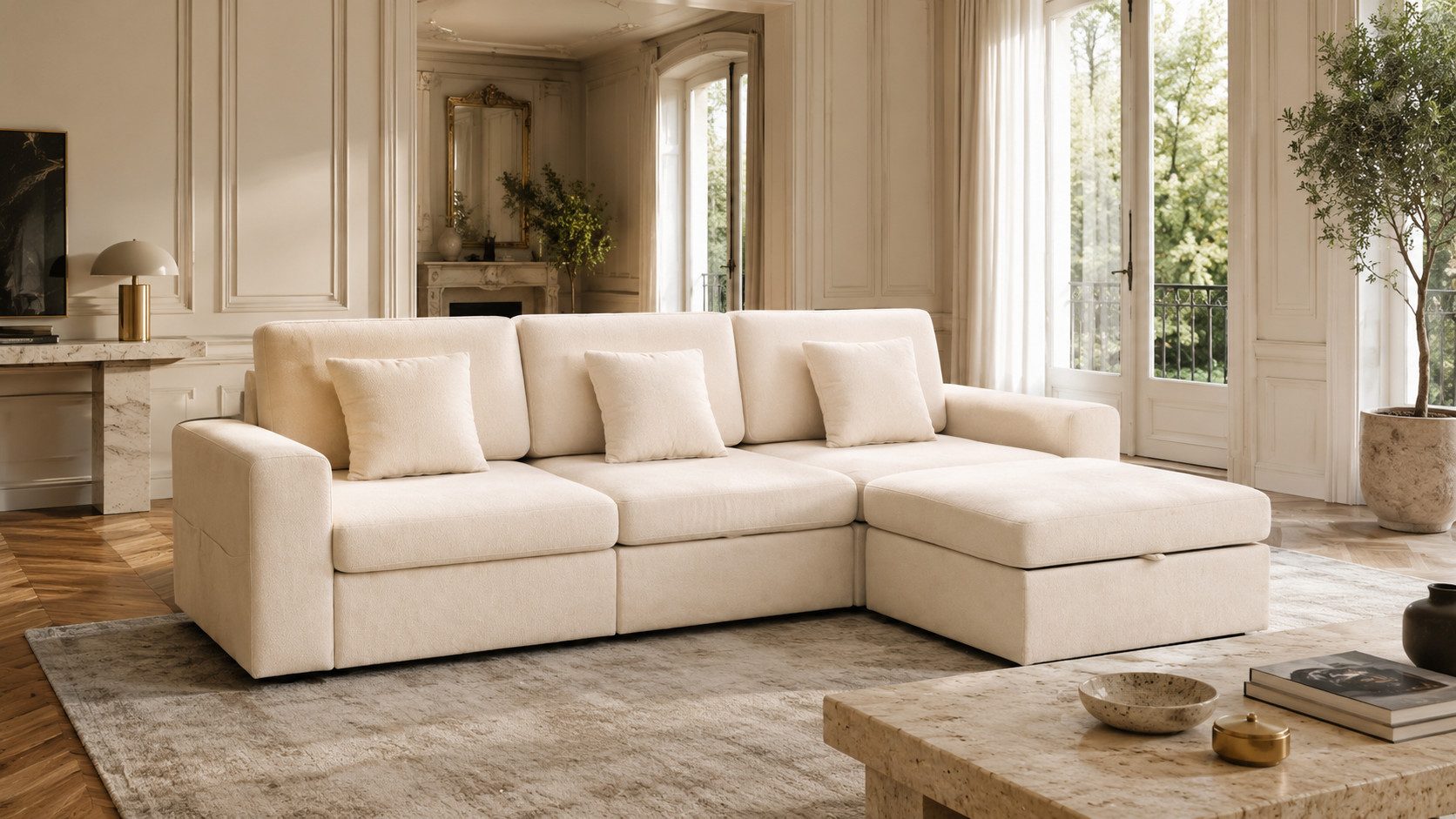 HOMAVO Ecksofa Schlafsofa, Couch L-Form, keine Montage erforderlich, inkl. Zierkissen, FSC® modulares Sofa, optionale Schlaffunktion & flexible Ottomane, Größe modular anpassbar, Stauraum je Sitz & edles Chenille für Komfort