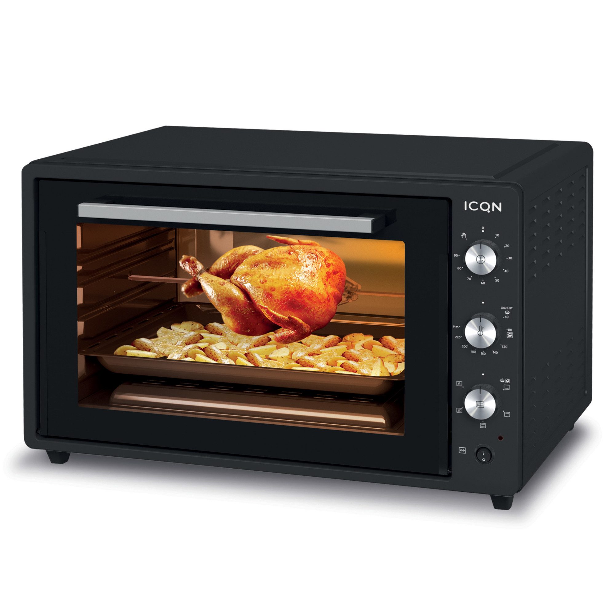 ICQN Minibackofen 60 Liter XXL, inkl. Backblech Set, 40°-230°C, Umluft, Pizza-Ofen, Doppelverglasung, Drehspieß, Timer, Emailliert