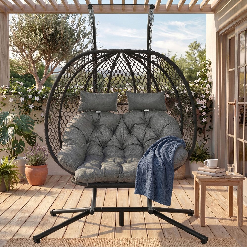 BBWL Schaukelsessel Hängesessel Ei-Form mit Gestell, Doppelsitz, Kissen & Fußstütze, Schaukelstuhl wetterfest Indoor Outdoor