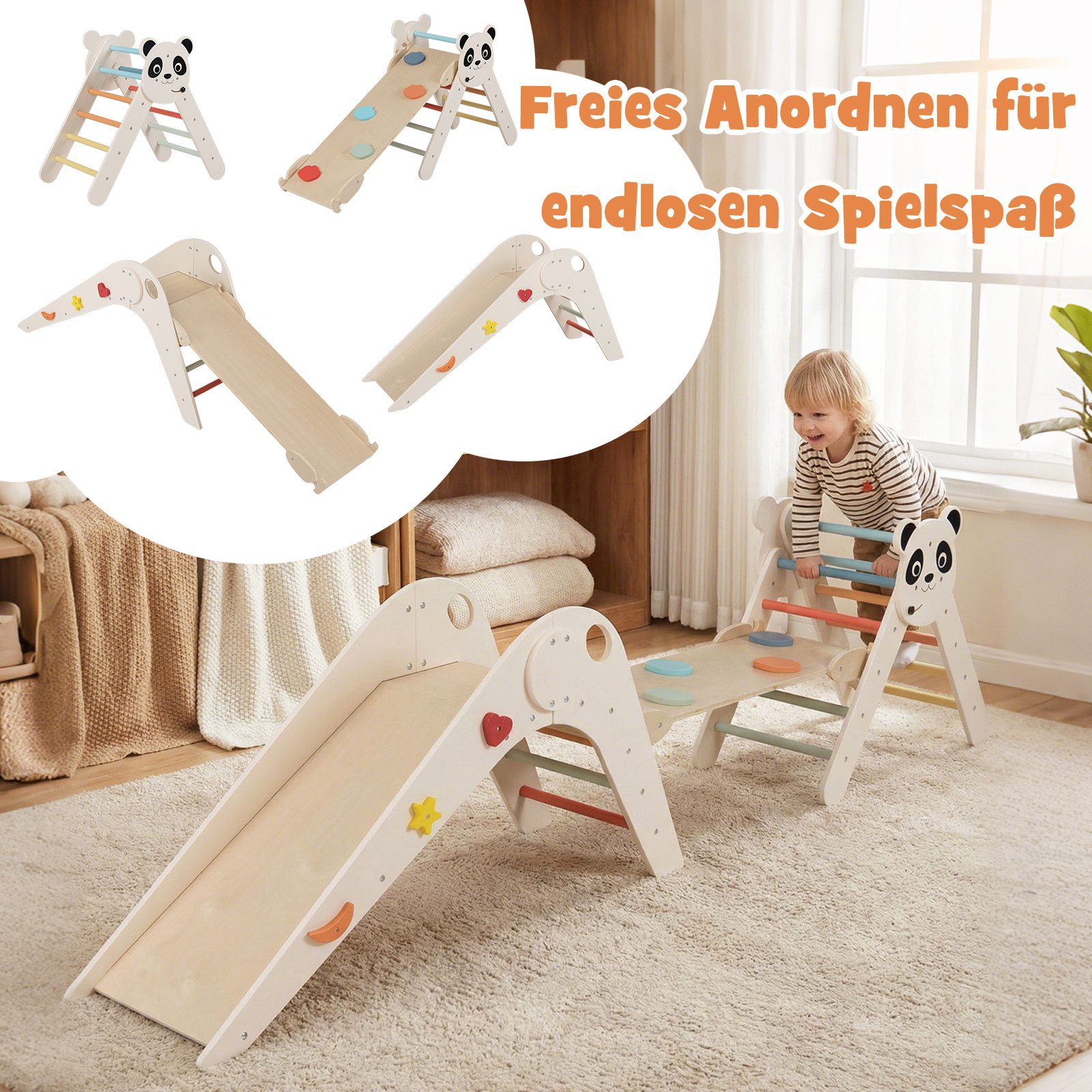 COSTWAY Klettergerüst, Mit Panda-Motiv, Rutsche, Rampe & Cartoon-Blöcken
