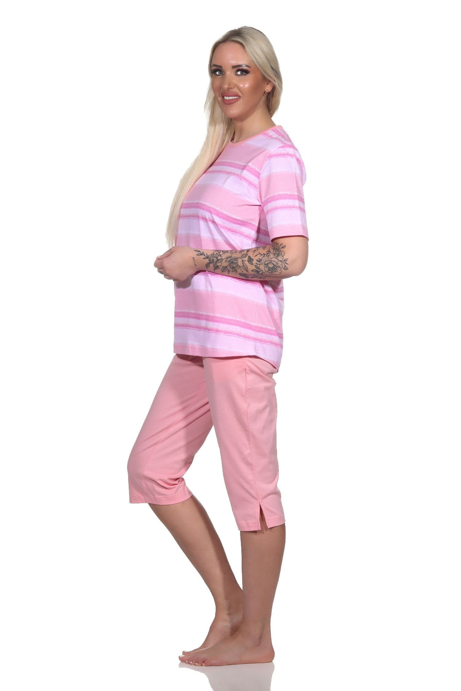 Normann Pyjama Damen Capri Schlafanzug Streifen im farbenfrohen Pyjama Look rosa kurzarm