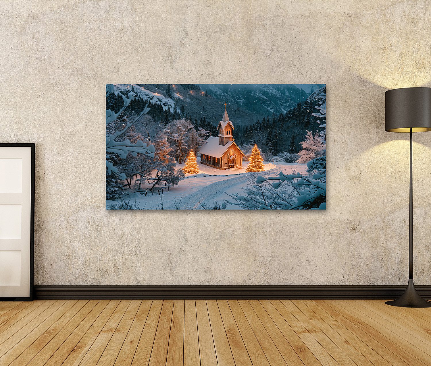 islandburner Leinwandbild Winterliche Kapelle im Schnee mit festlicher Beleuchtung - Leinwand