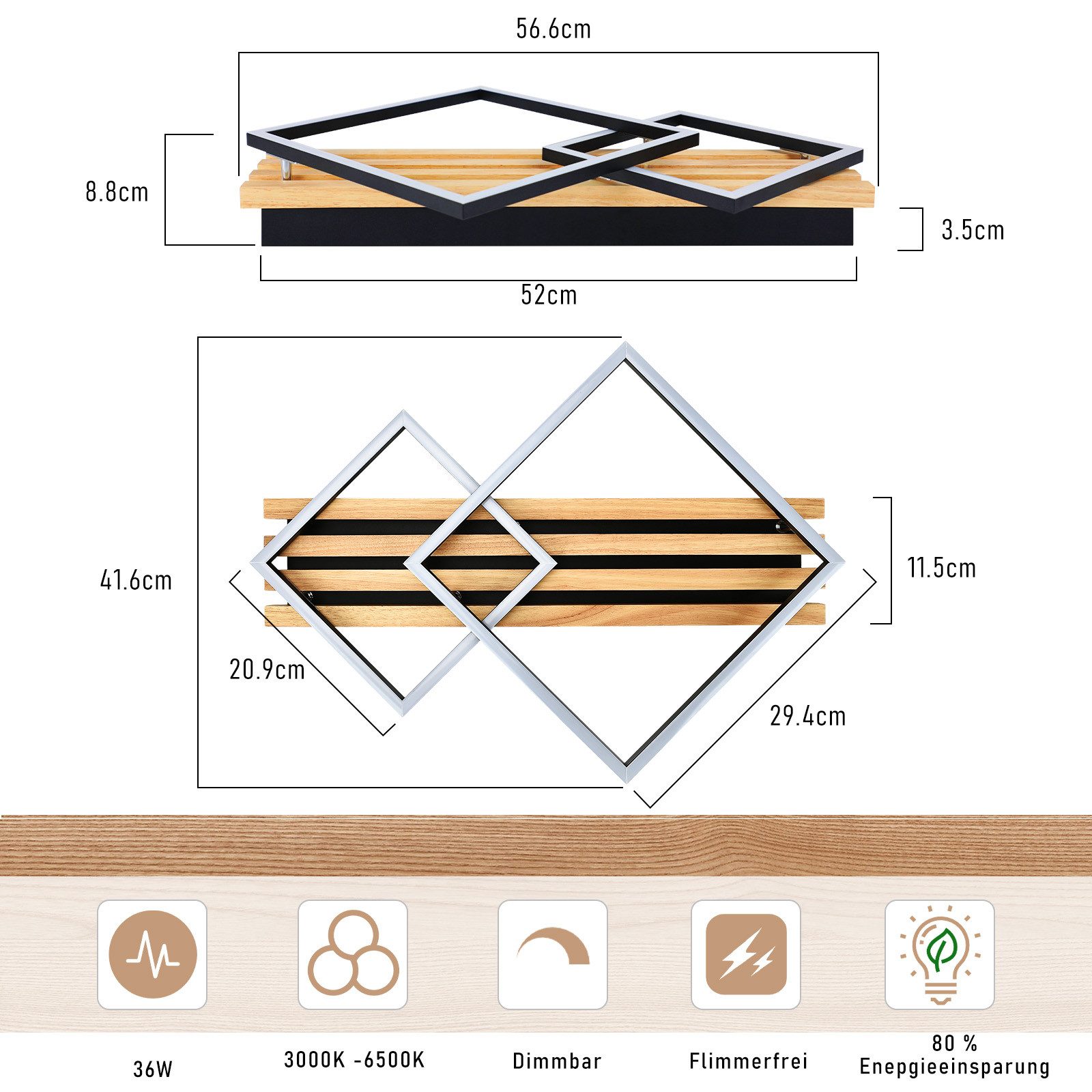 Nettlife LED Deckenleuchte Dimmbar Holz 2/3/4 Ringe Modern Deckenlampe Wohnzimmer, LED fest integriert, 36W 56.6*41.6*8.8CM für Schlafzimmer Büro Küche – Bild 4 von 5