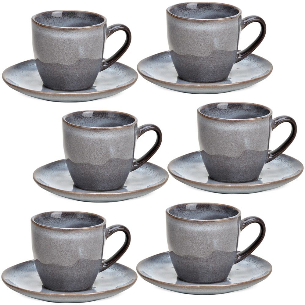 matches21 HOME & HOBBY Tasse Kaffeetassen mit Untertassen 6er Set Steingut Vintage-Optik, Keramik, Tee Kaffee-Becher Unterteller, grau braun, 170 ml