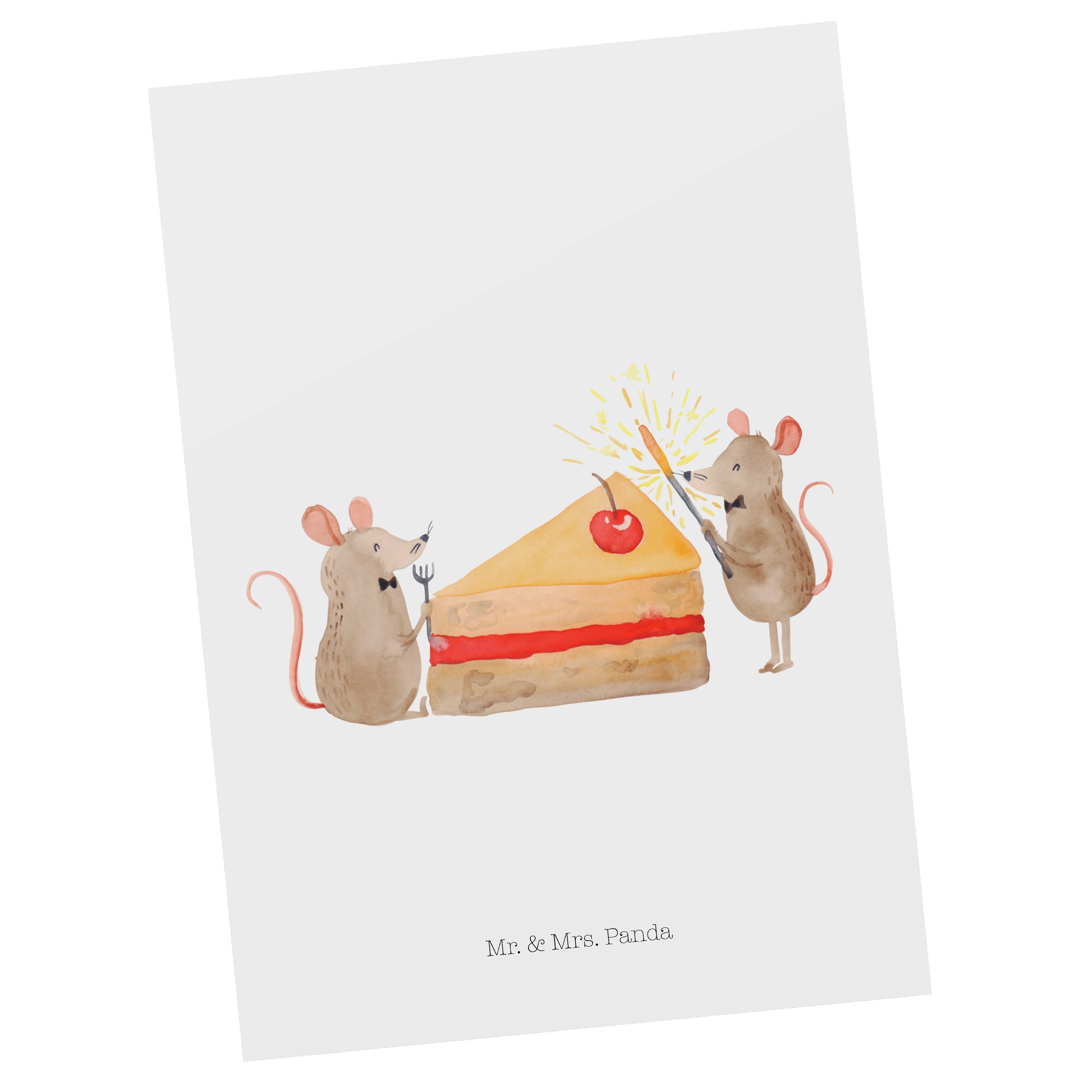 Mr. & Mrs. Panda Postkarte Mäuse Kuchen - Weiß - Geschenk, Torte, Geburtstagskarte, Tortenstück