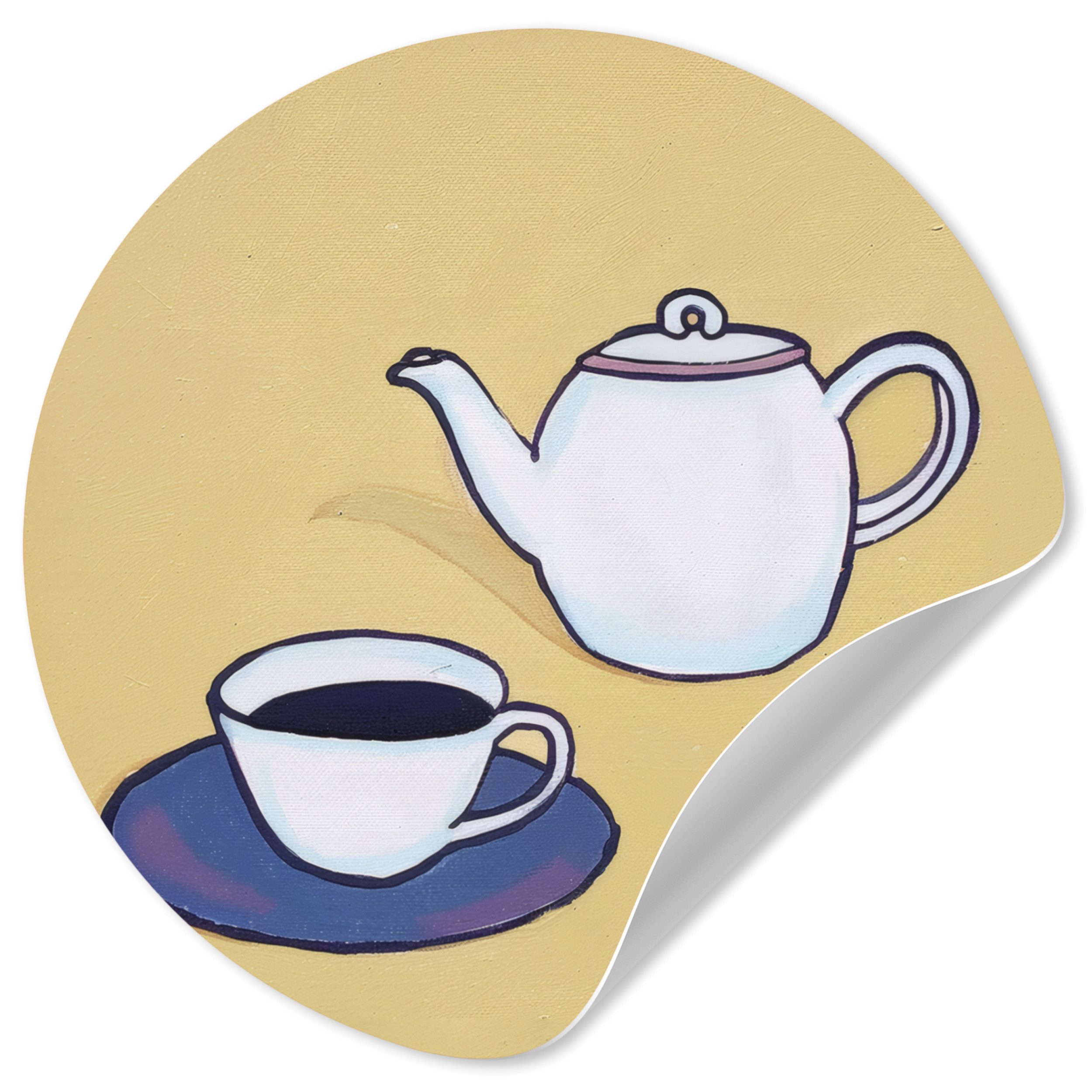 MuchoWow Wandsticker Teekanne - Tasse - Beige - Illustration (1 St), Wandtattoo Selbstklebend, Wohnzimmer Deko Aufkleber, 30x30 cm
