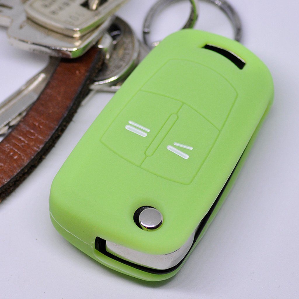 mt-key Schlüsseltasche Autoschlüssel Softcase Silikon Schutzhülle fluoreszierend Grün, für OPEL Astra Vectra Corsa Zafira Signum bis 2008 2 Tasten Schlüssel