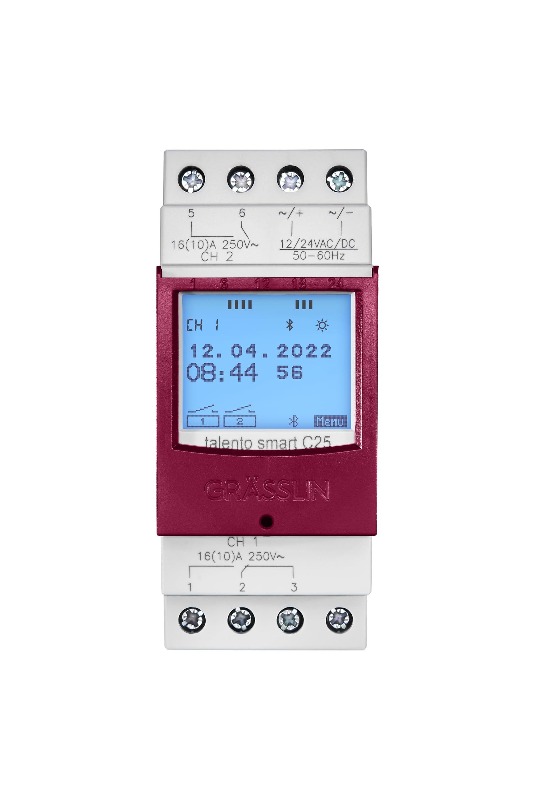 Grässlin Zeitschaltuhr talento smart C25 43.03.0003.1, 2 Kanäle, Hutschiene, 12–24 V AC/DC, Wochen-/Jahresprogramm, Astro