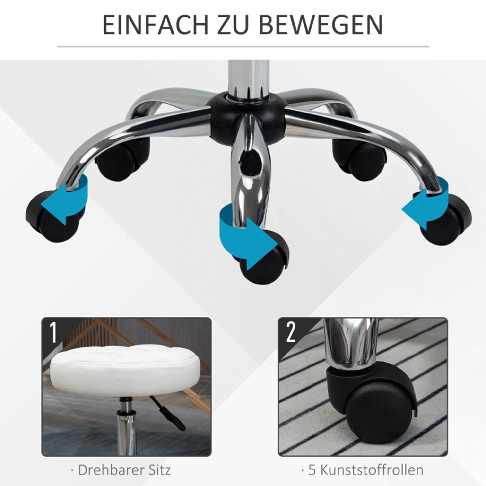 MC Star Arbeitshocker Rollhocker Höhenverstellbarer Drehbarer Arbeitshocker (Kunstleder Weiß Ø35,5 x 51-67 cm)