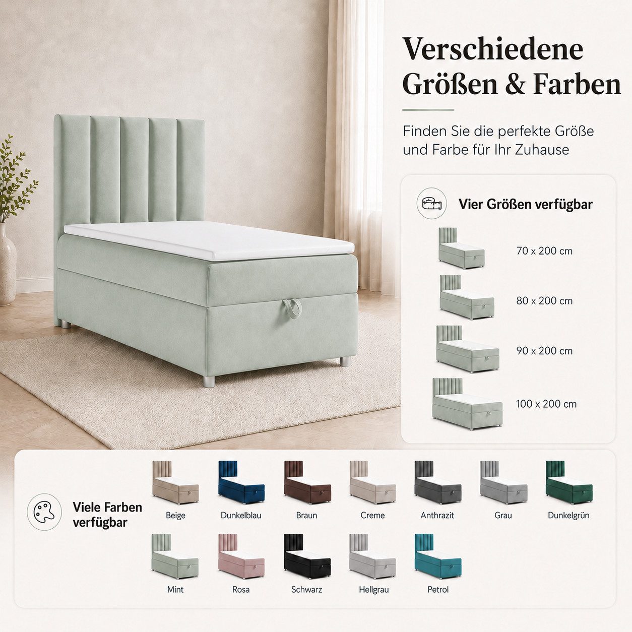 Best for Home Boxspringbett Trinity K10 SINGLE mit Bettkasten & Bonellfederkern, Komfort Topper H3 (Einzelbett, Polsterbett gepolstertes Kopfteil, Jugendbett, Kinderbett versch. Größen, 1-St., 70x200 80x200 90x200 100x200 cm), Stauraum unter dem Bett; Ergonomischer Schlafkomfort; Massivholzrahmen