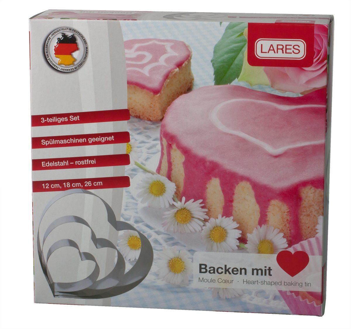 LARES Herzkuchenform 6002, Herzbackform Set 3-tlg., aus rostfreiem Edelstahl, Made in Germany