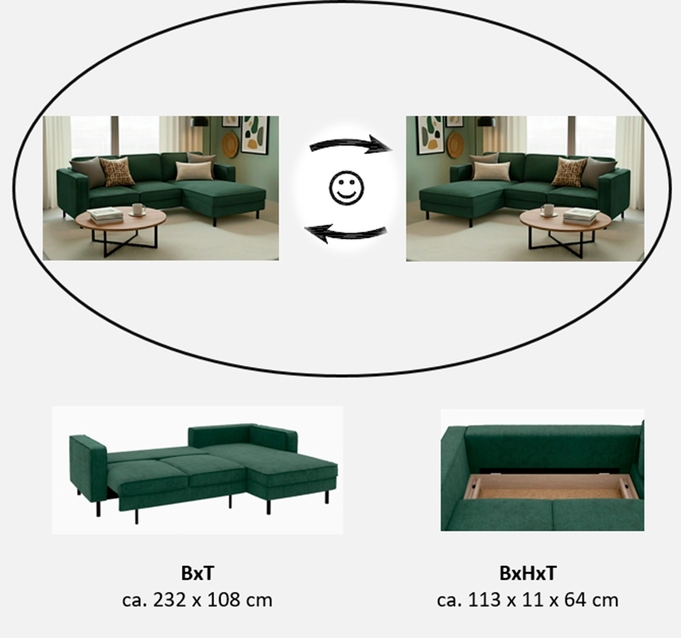 TRENDMANUFAKTUR Ecksofa Watkins Couch wahlweise mit Schlaffunktion und Bettkasten,auch in Cord, Recamiere beidseitig montierbar, Sofa in L-Form, Breite 232 cm