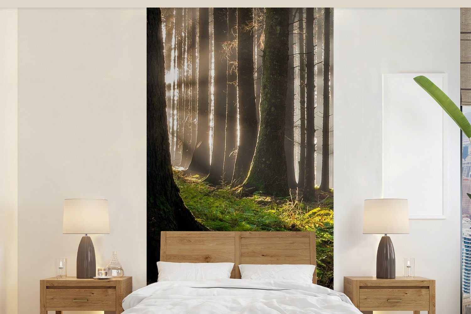 MuchoWow Fototapete Sonne - Äste - Bäume - Wald - Natur, Matt, bedruckt, (2 St), Vliestapete für Wohnzimmer Schlafzimmer Küche, Fototapete