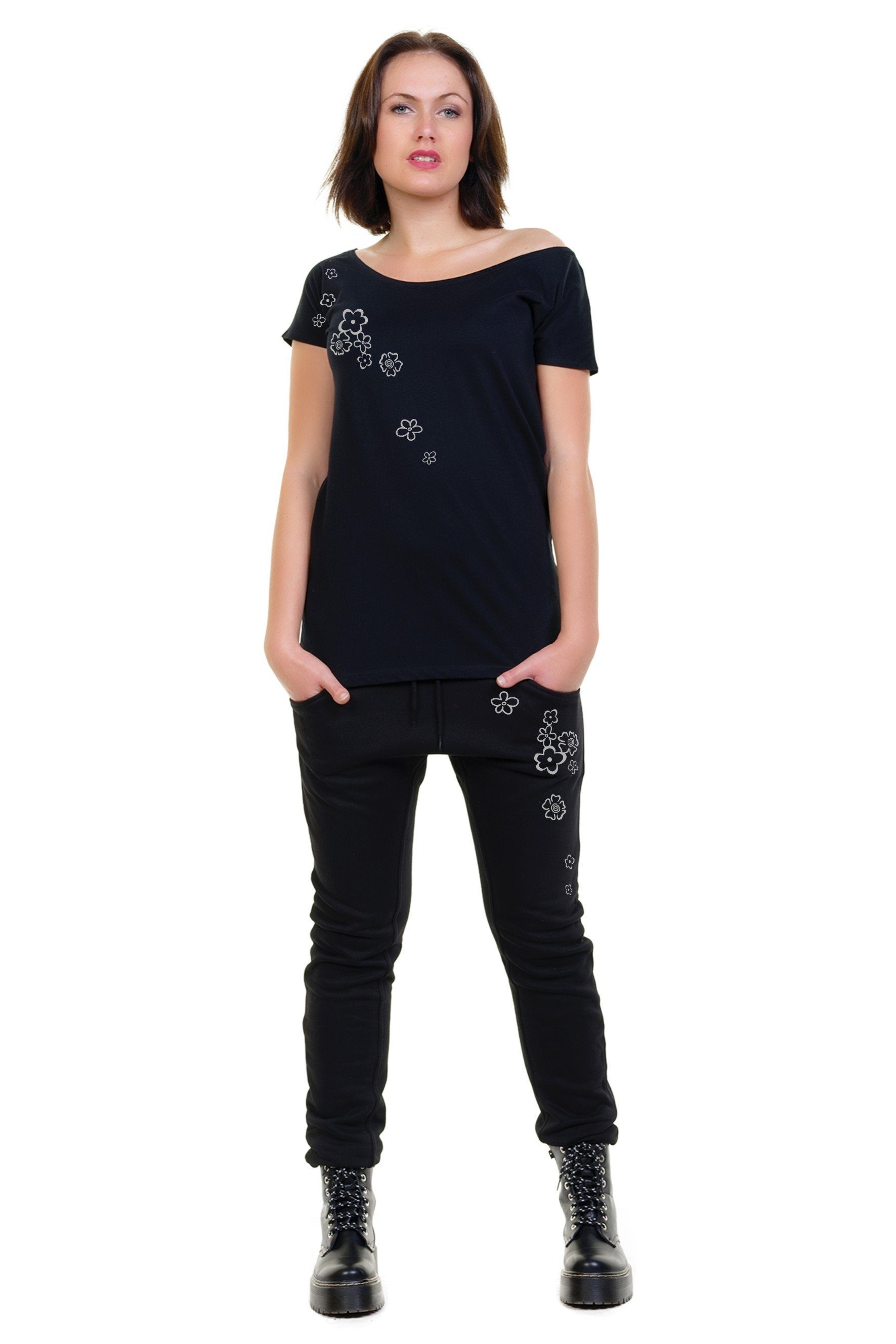 3Elfen Jogginghose Jogginghose Damen Winter schwarz Blumen grau by 3Elfen günstig online kaufen