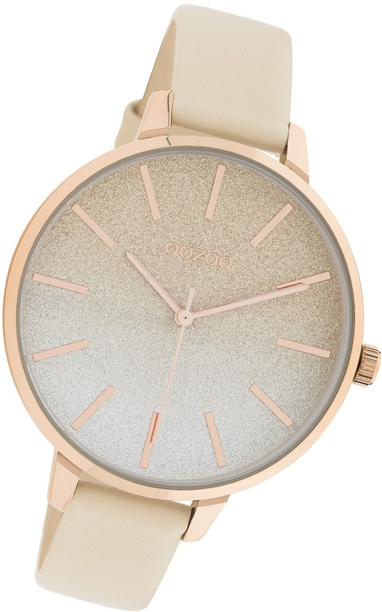 OOZOO Quarzuhr Oozoo Damen Armbanduhr Timepieces, Damenuhr Lederarmband beige, weiß, rundes Gehäuse, groß (ca. 42mm)