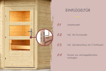 Karibu Saunahaus Klaas, BxTxH: 196 x 196 x 228 cm, 38 mm, (Set) moderne Tür, Ofen 9 kW Bio externe Strg easy