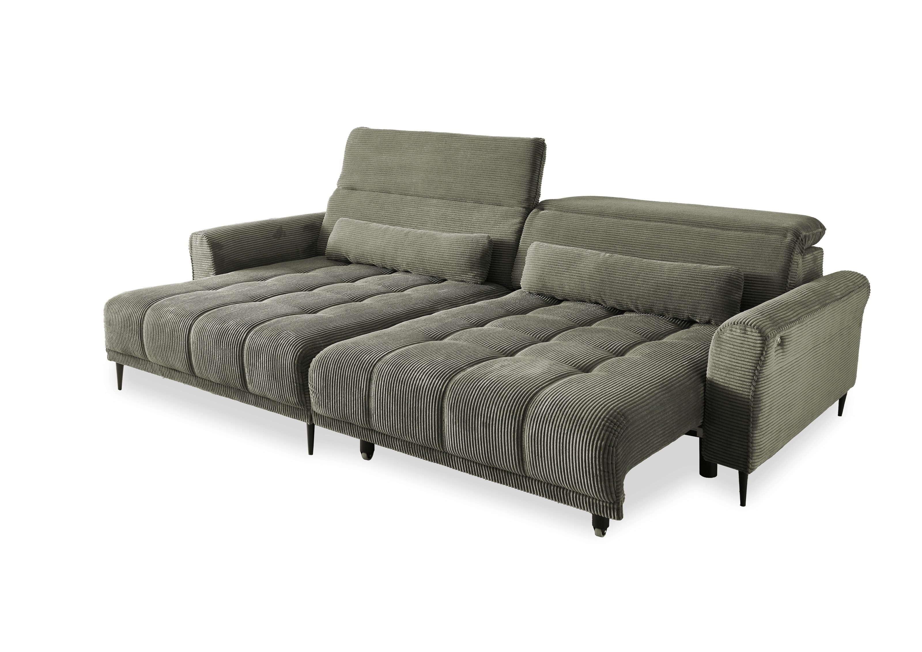 freiraum Wohnlandschaft Wolve, elektr. Sitzverstellung, 2 Kissen, Cord grün - 277x108x179cm (BxHxT)