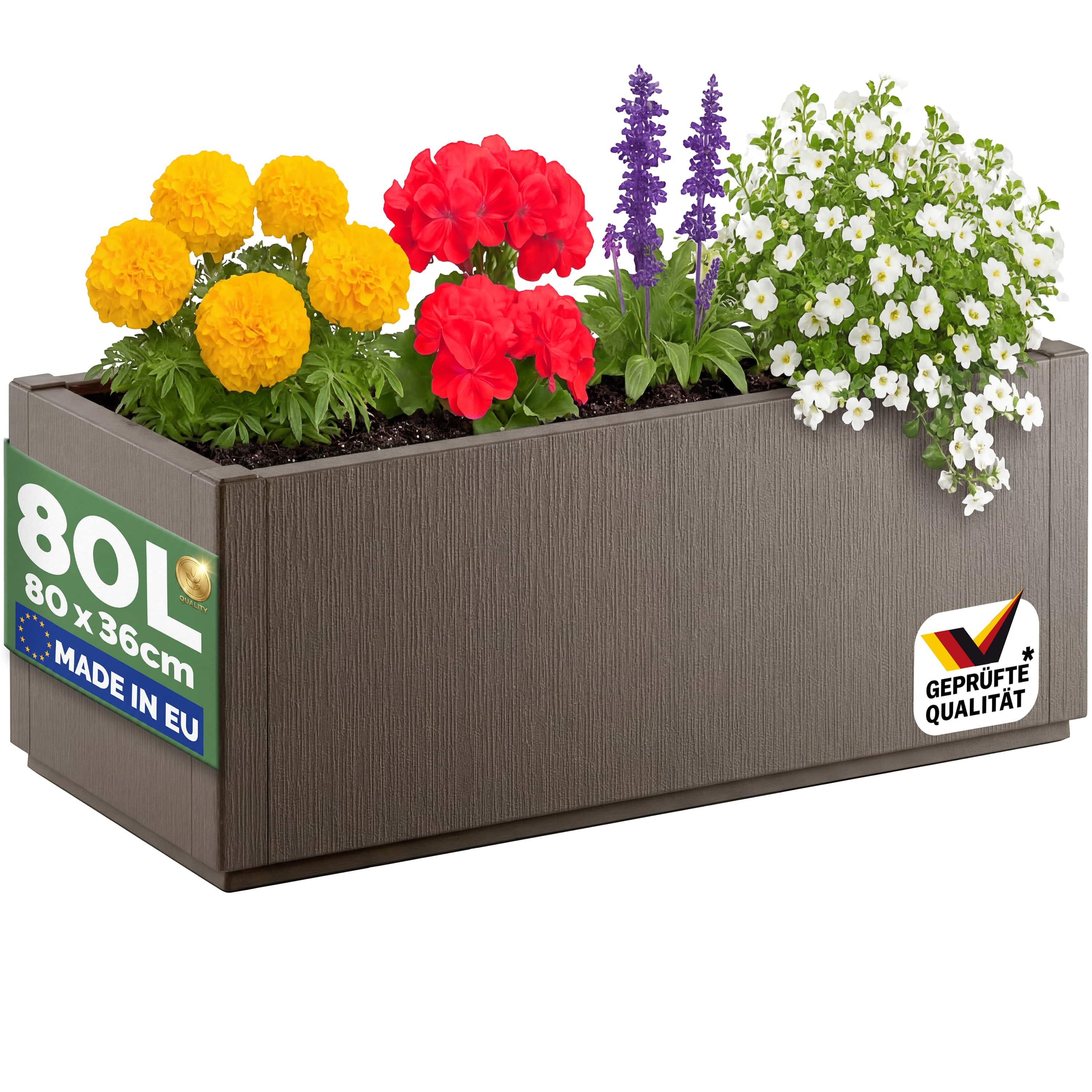 Casaria Blumenkasten Ethica, 80L 80x36x35cm Groß Pflanzkübel für Draussen Winterfest Übertopf Braun
