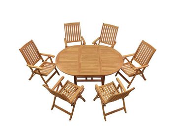 Kai Wiechmann Garten-Essgruppe Exklusive Teak Sitzgruppe aus 6 Hochlehnern und 1 runden Ausziehtisch, (7-tlg., 6 Hochlehner, 1 Ausziehtisch), edles Set aus Teak-Gartenmöbeln mit Auszugstisch