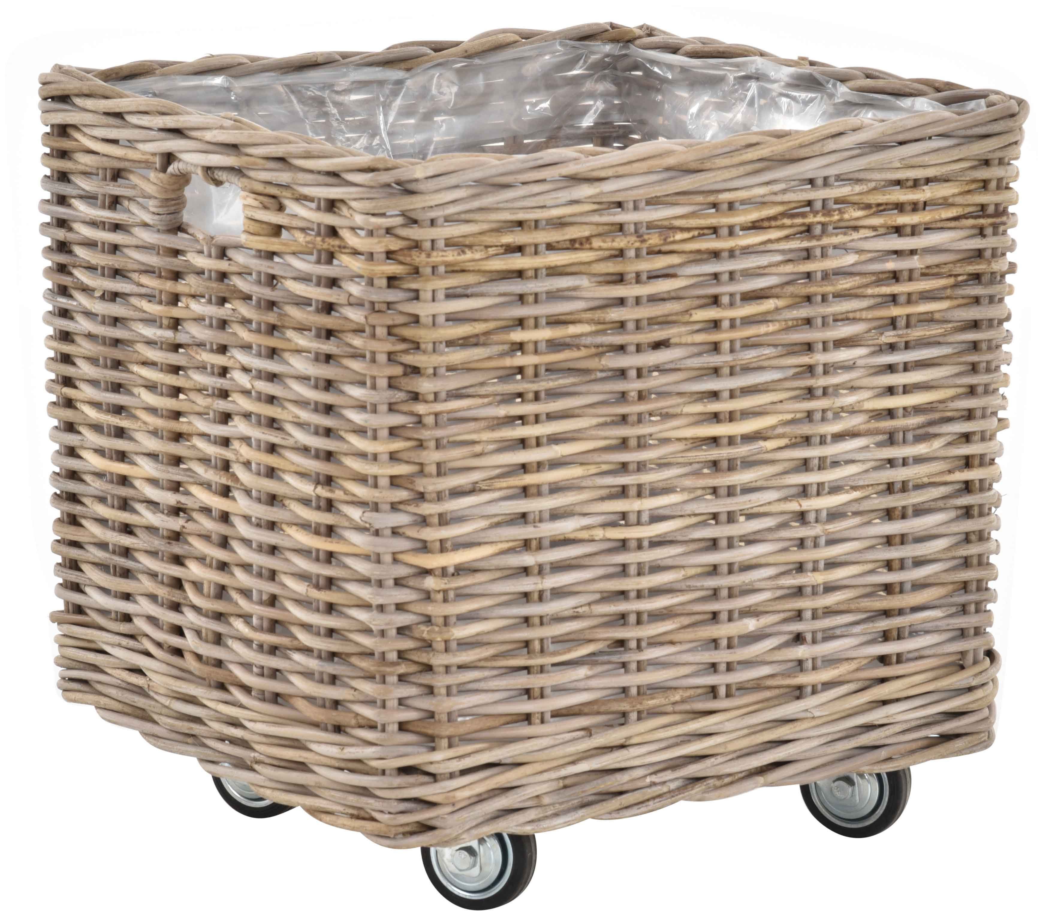 Krines Home Allzweckkorb Pflanzkorb groß Rattan Rollkorb Rattankorb Grau Natur Quadratisch, mit Rollen