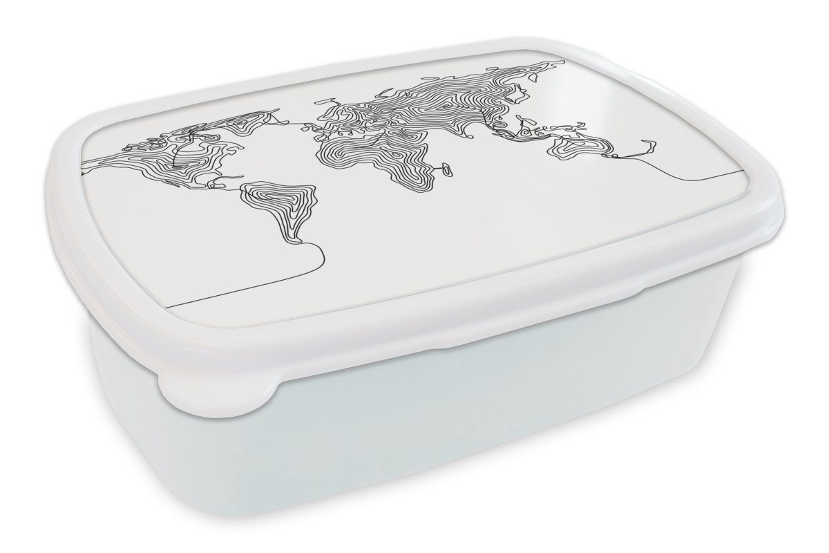 MuchoWow Lunchbox Weltkarte - Schwarz - Weiß - Linie, Kunststoff, (2-tlg), Brotbox für Kinder und Erwachsene, Brotdose, für Jungs und Mädchen