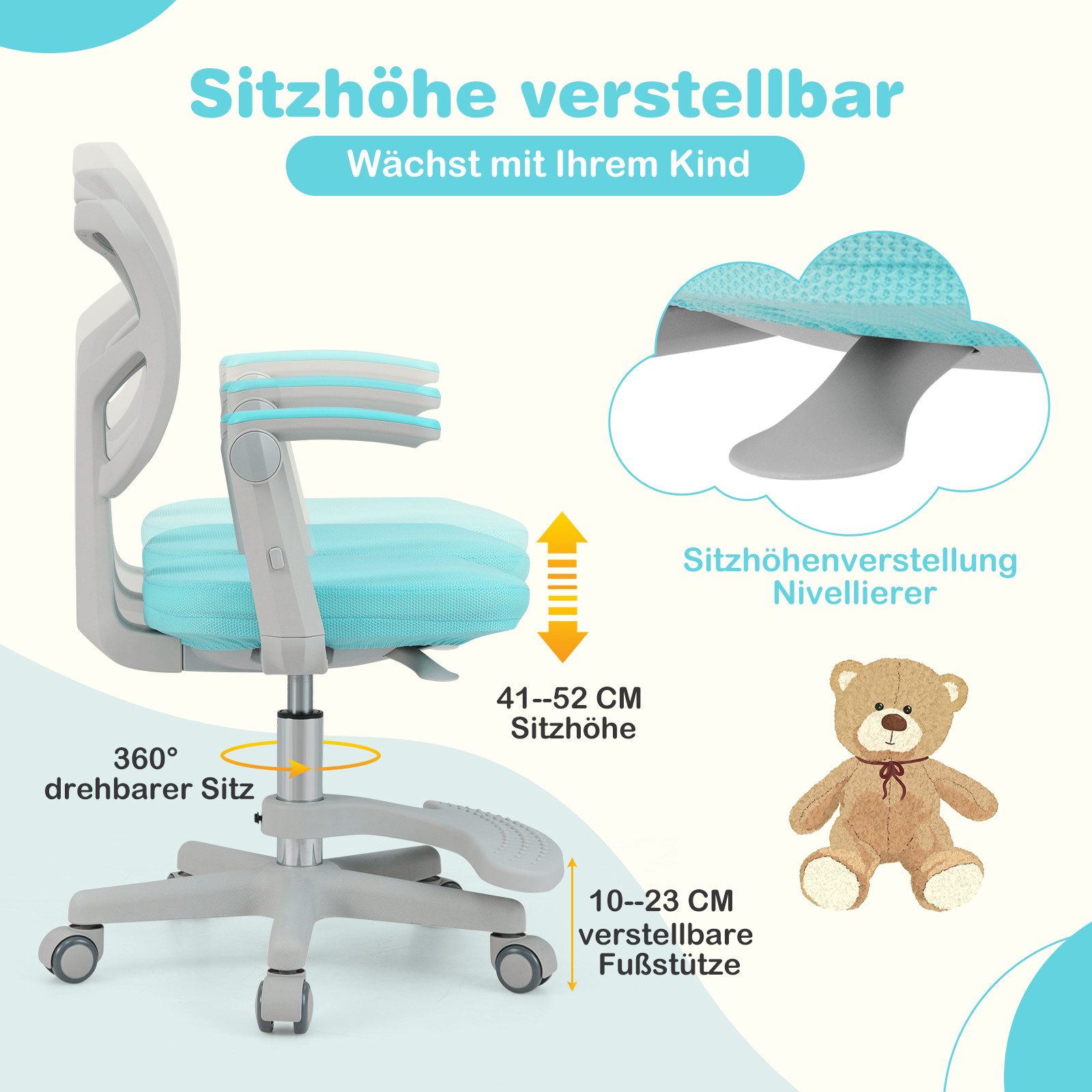 COSTWAY Drehstuhl, Kinder mit 5 Rollen, Schreibtischstuhl höhenverstellbar