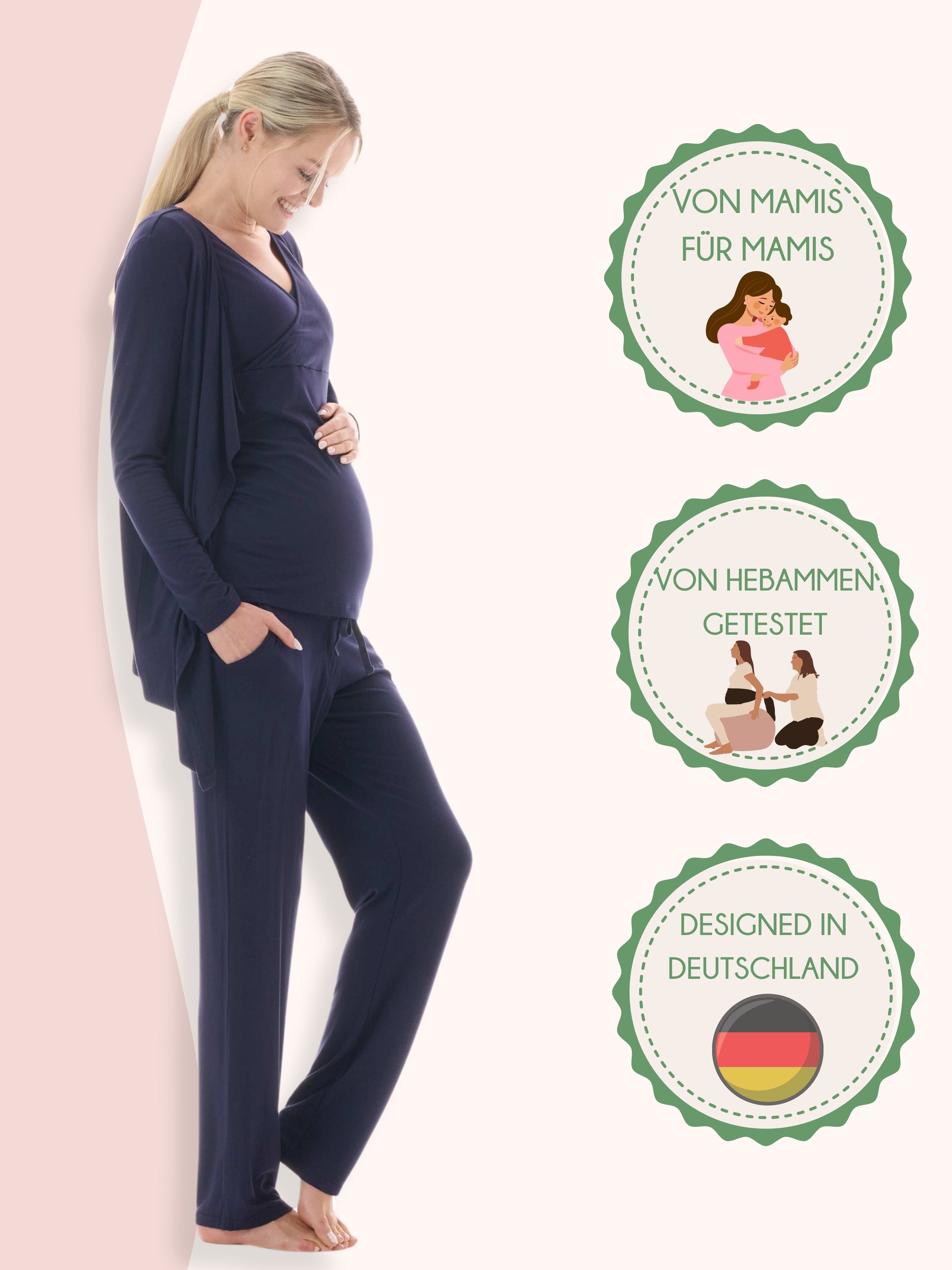 Herzmutter Umstandspyjama Stillpyjama-Set - Schwangerschafts-Wochenbett-Set (Set, 3 tlg., Hose-Top-Cardigan) Homewear