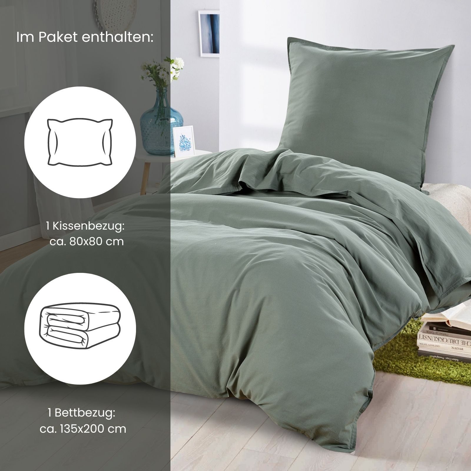 wometo Bettwäsche Stone Washed 135x200 Renforcé, Baumwolle, 2 teilig, OEKO-TEX®, 100% Baumwolle, Bettwäsche im Knitterlook mit Stehsaum