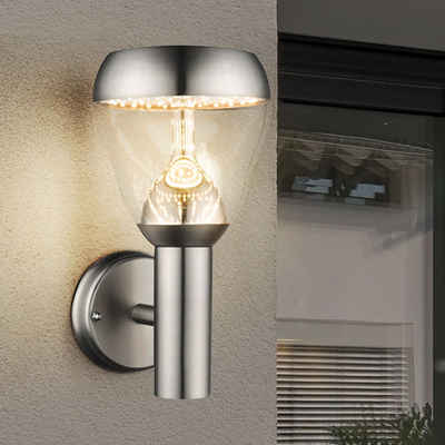 etc-shop Außen-Wandleuchte, LED-Leuchtmittel fest verbaut, Warmweiß, Design LED Wand Leuchte Glas Kugel Edelstahl Beleuchtung rund Außen