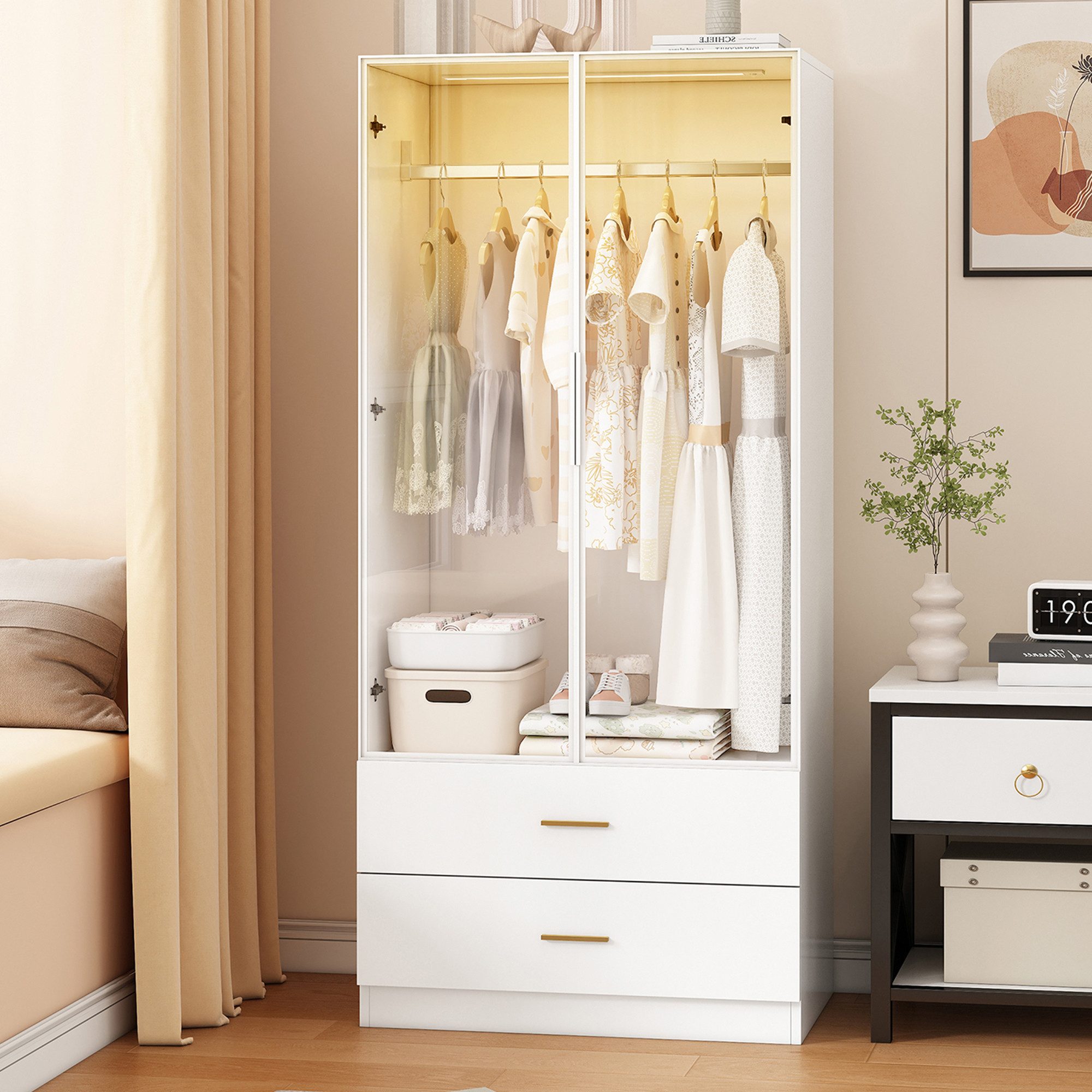 ADWOLT Kleiderschrank Drehtürenschrank Weiß mit LED-Leuchten und 2 Schublad günstig online kaufen