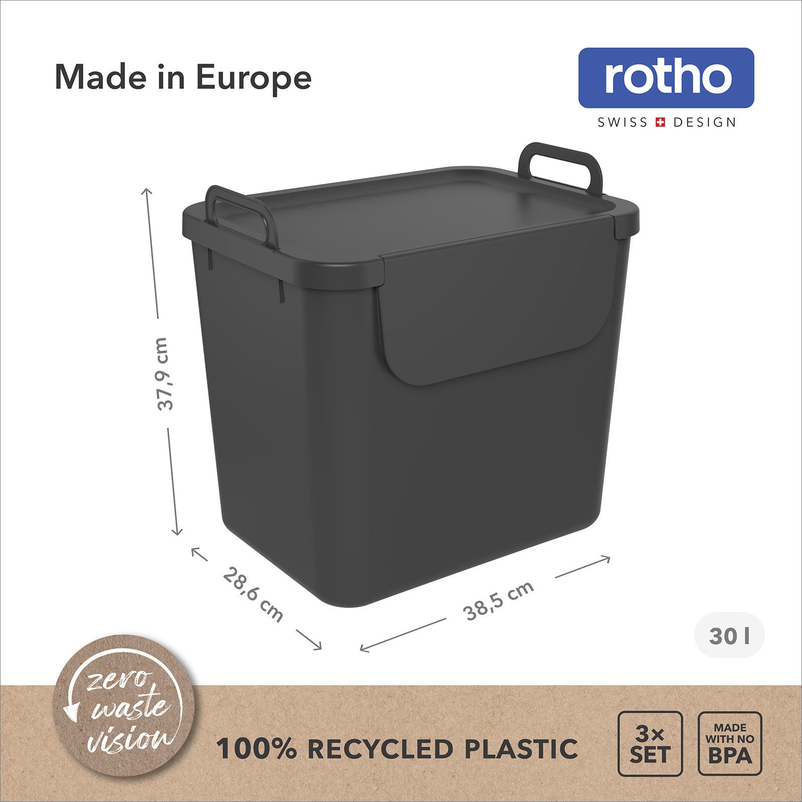 ROTHO Mülltrennsystem SALSA Mülltrennsystem 3x30 l stapelbar mit Klappdeckel, Stapelbares Mülltrennsystem für effiziente Abfalltrennung