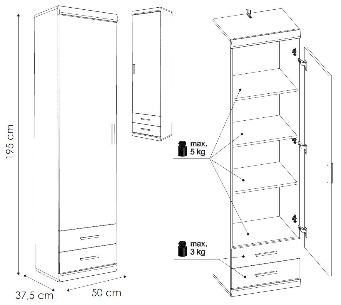 Feldmann-Wohnen Stauraumschrank Imperial (1 Tür, 3 Fachböden, 2 Schulbaden, 1-St., moderne Nussbaumoptik, Kunststoffgriffe) 50x37,5x195cm Nussbaum Imperial