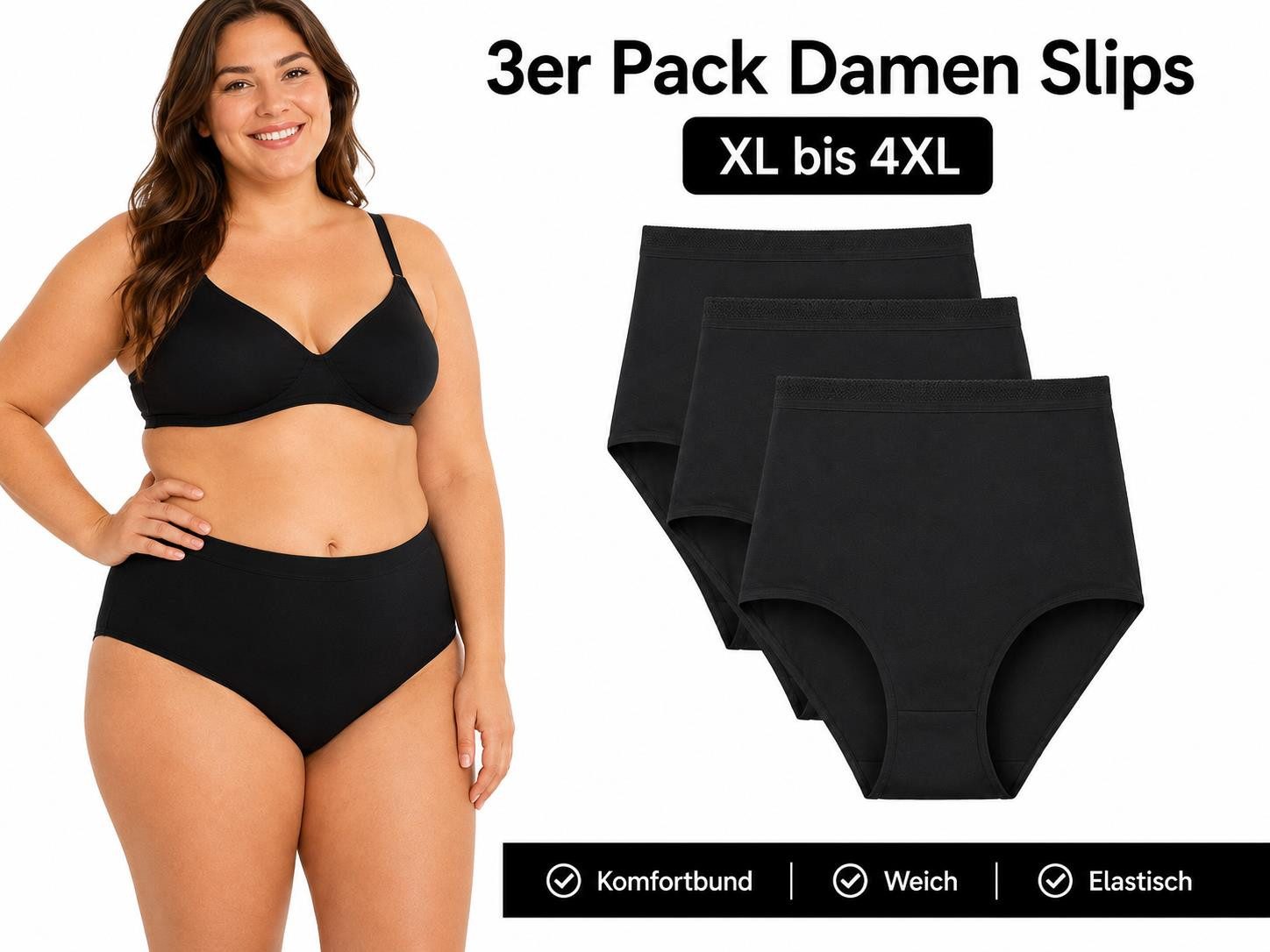 EloModa Taillenslip Damen Slips 3er Pack Schwarz XL-4XL High Waist Komfortbund (3-St) 3er Pack Schwarz XL-4XL High Waist