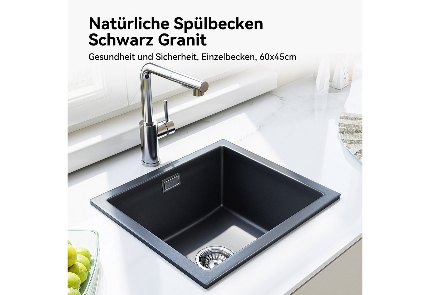 Thumbnail - HOROW Granitspüle eckige Spülbecken Granit Schwarz 45 x 40CM, 45/40 cm, mit Siphon Ab- und Überlaufgarnitur