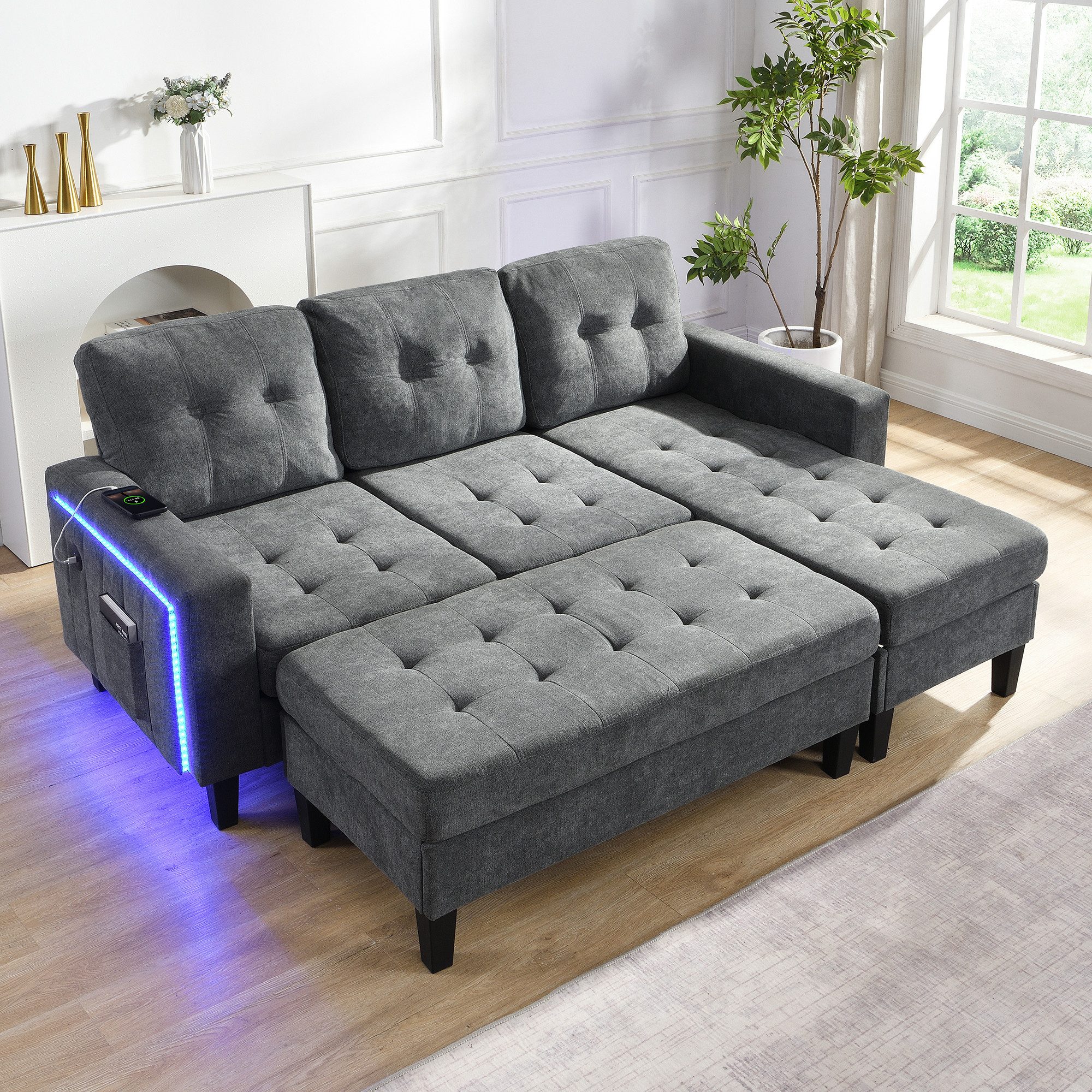 Merax Schlafsofa L-Form Sofa mit LED-Beleuchtung, 185x135x85cm, Flexibles Design,Chenille-Stoff 1 Teile, 3-Sitzer Chaiselongen mit XXL Fußbank, Modulares Sofabett Ecksofa